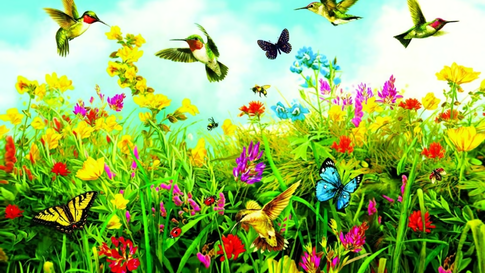 Birds Butterflies And Flowers Spring Nature Art Wallpaper File HD