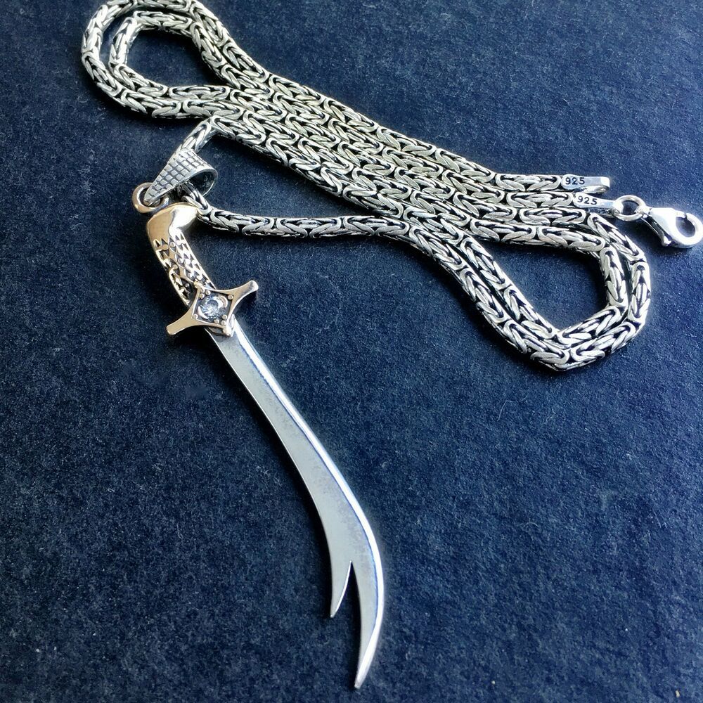 Sterling Silver Necklace Zulfiqar Sword Pendant Byzantine Kings chain 55cm #Handmade #Pendant. Sword necklace, Silver chain style, Mens silver necklace
