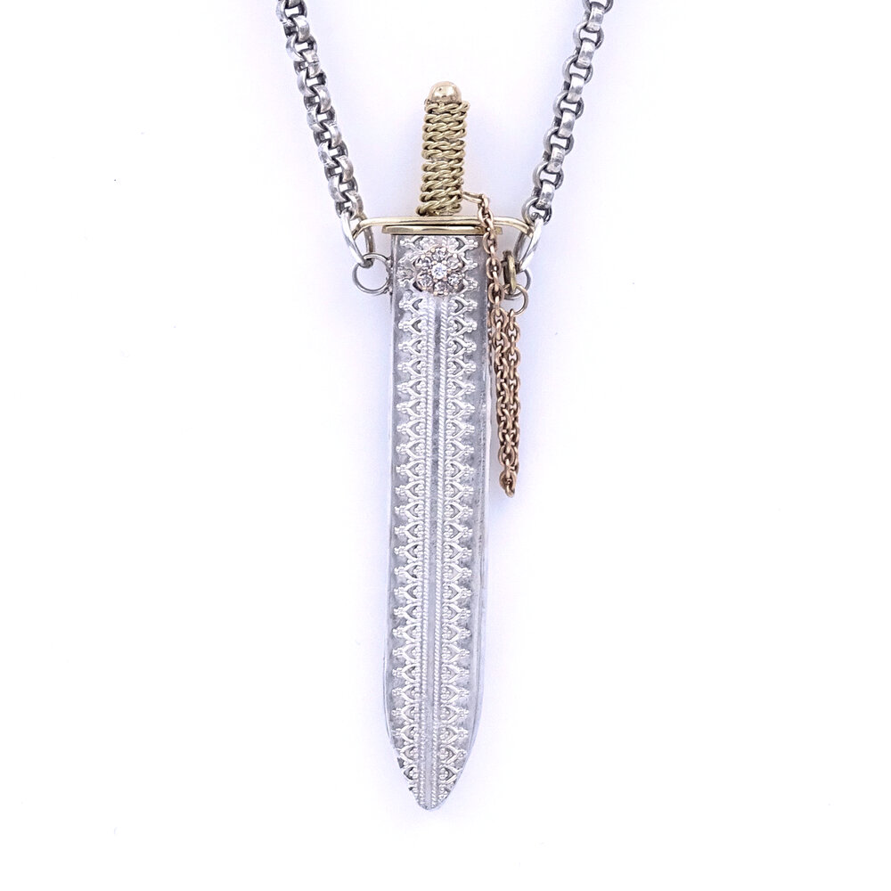 Sterling Silver and 14kt Gold Sword and Scabbard Pendant. Antique & Estate Jewelry. Designs in Gold