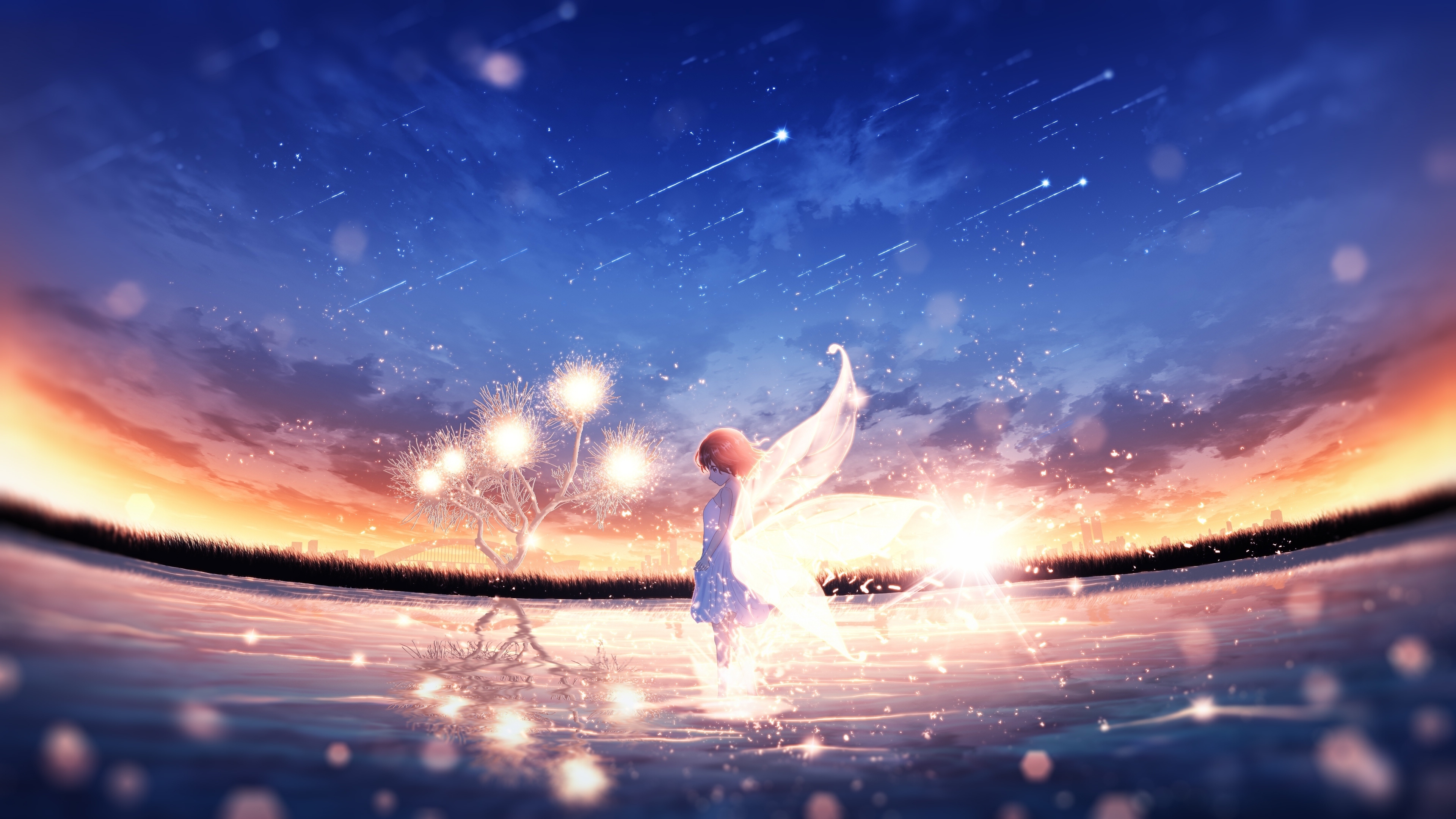 Wallpaper Profile View, Sunset, Anime Fairy Girl, Scenic, Falling Stars, Wings, Anime Landscape:3840x2160