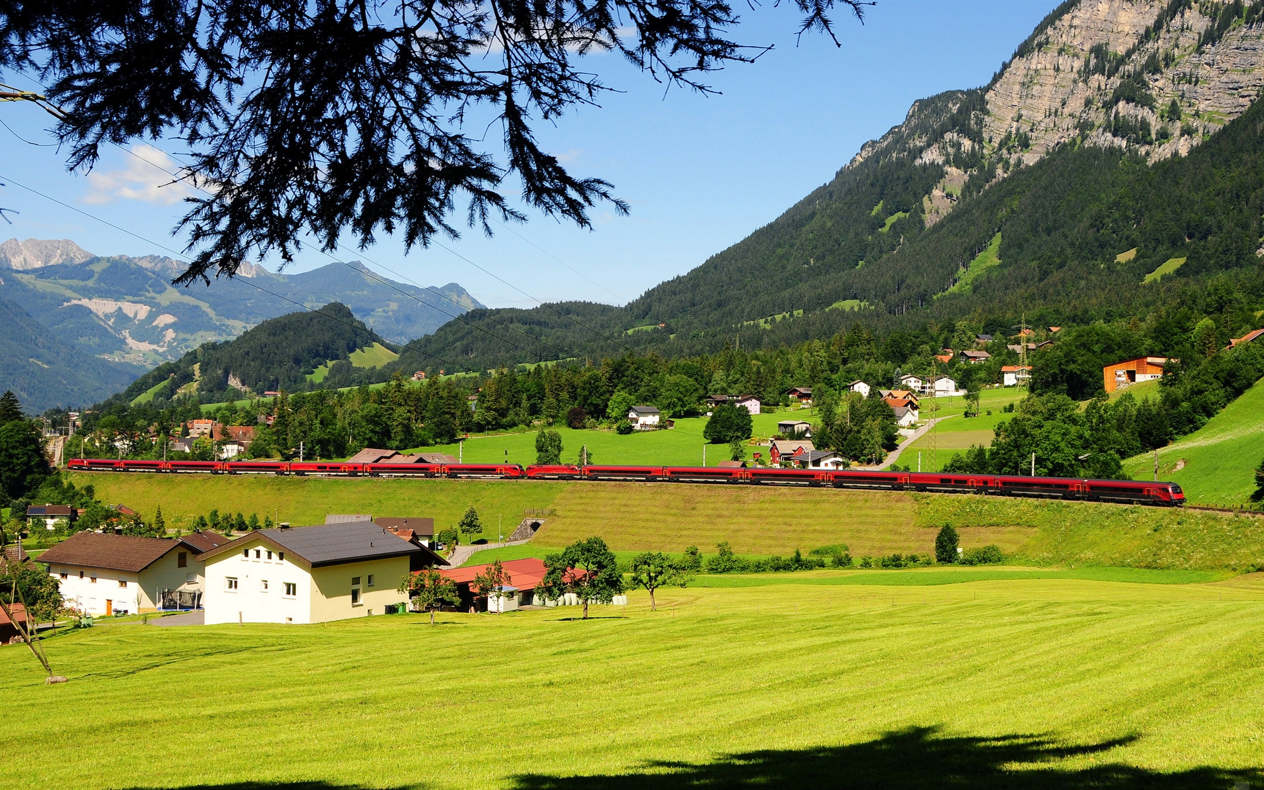 Wallpaper Paddy fields, mountains, village, railroad, train, Sapa, Vietnam 2560x1600 HD Picture, Image