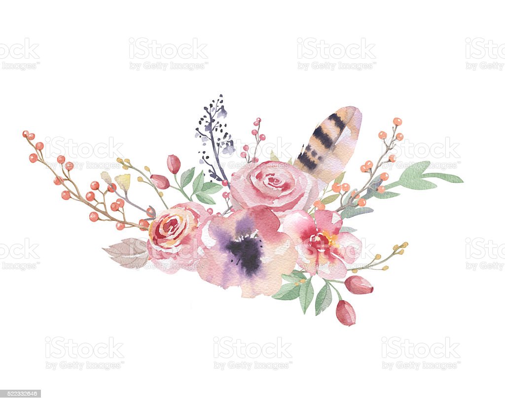 Watercolor Vintage Floral Bouquet Boho Spring Flowers And Leaf Image Now