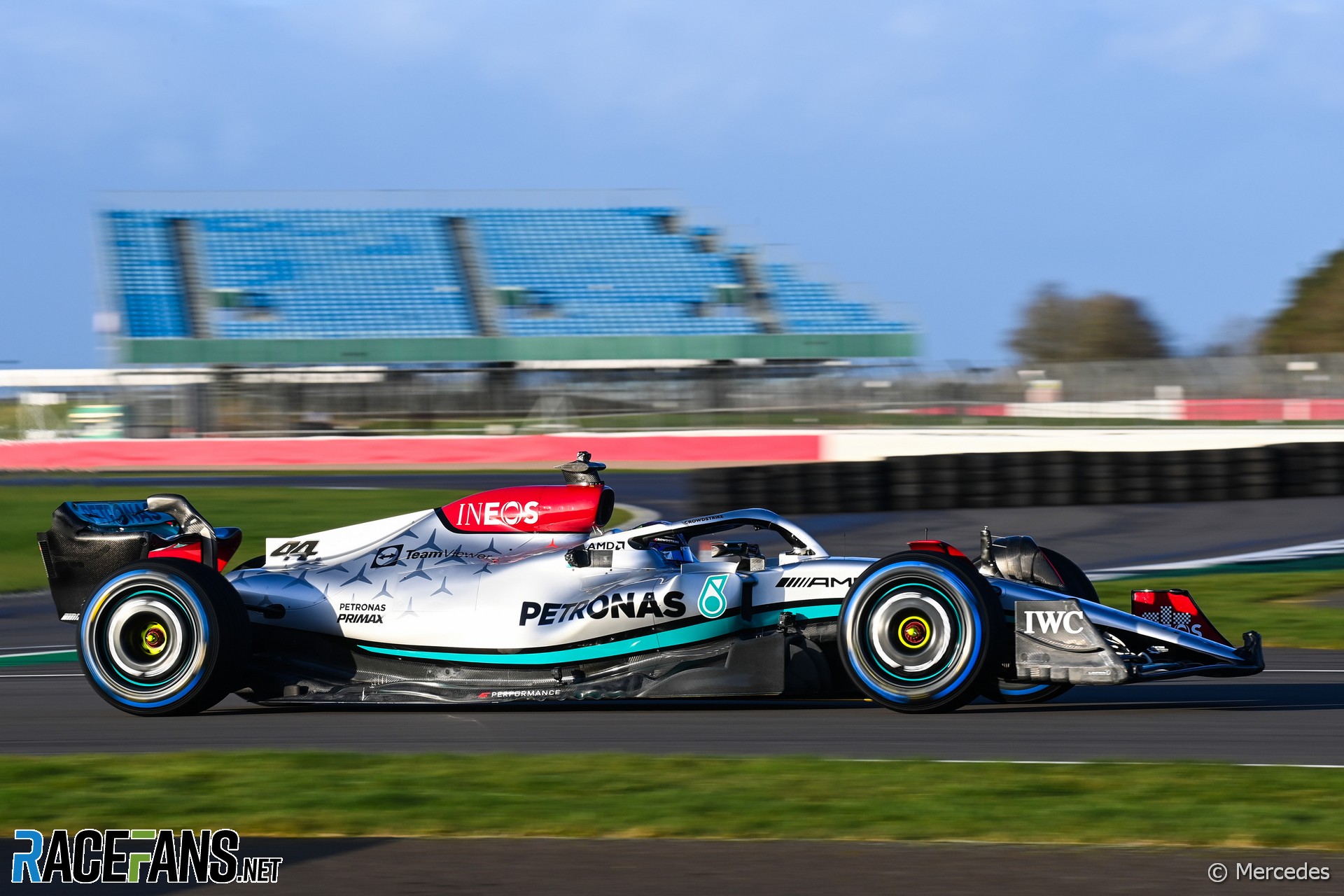 First picture: New Mercedes W13 makes track debut at windy Silverstone · RaceFans