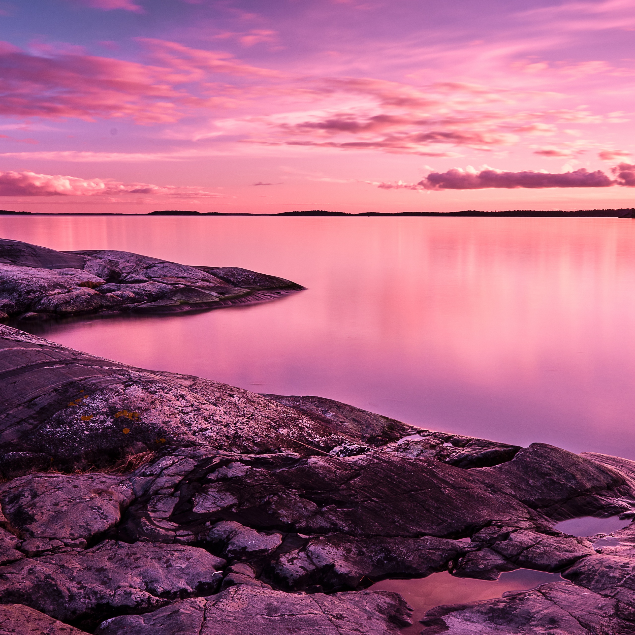 Sunset Wallpaper 4K, Scenery, Lake, Rocks, Pink sky, 8K, Nature
