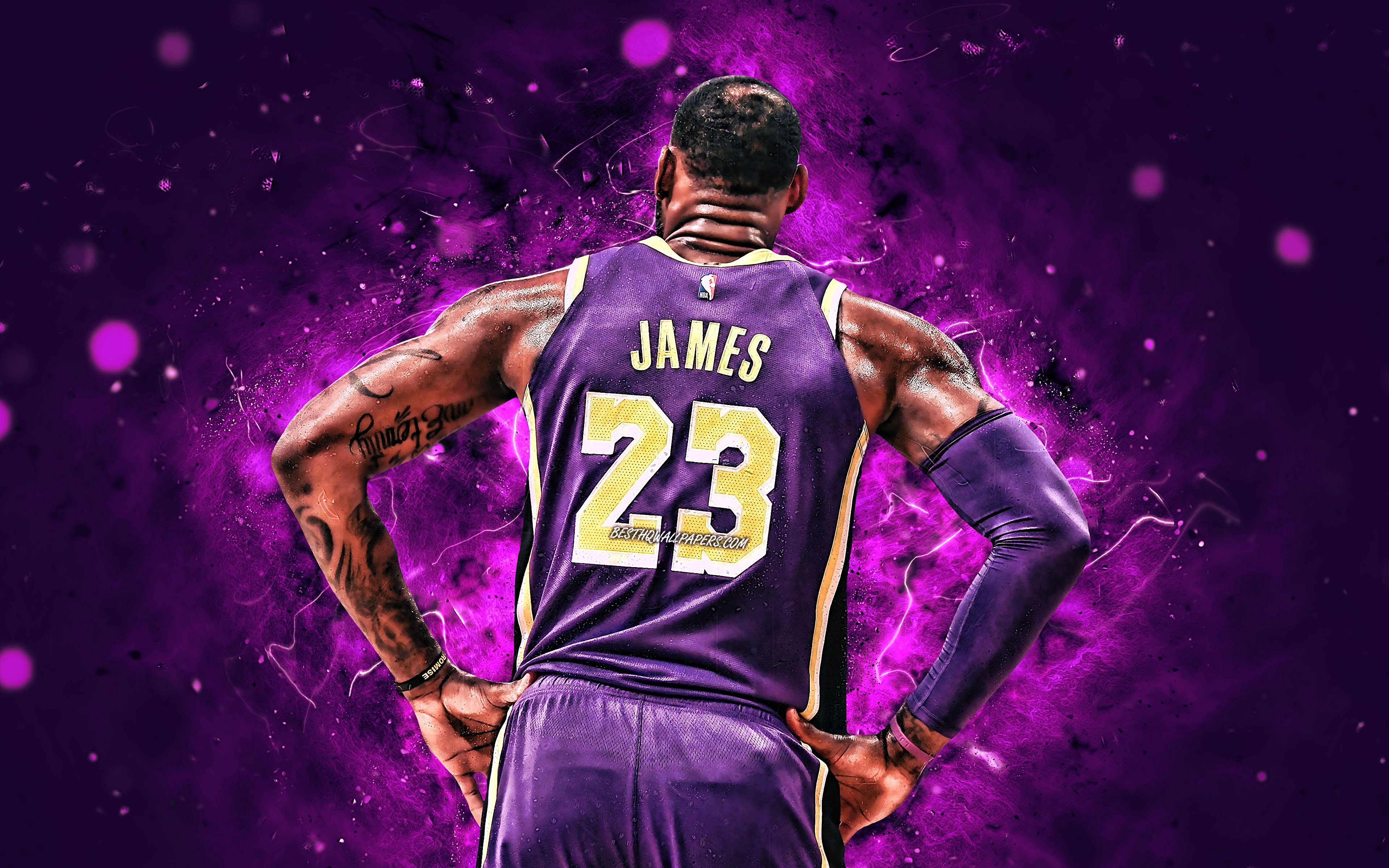 LeBron James, back view, NBA, Los Angeles Lakers, violet uniform, basketbal...