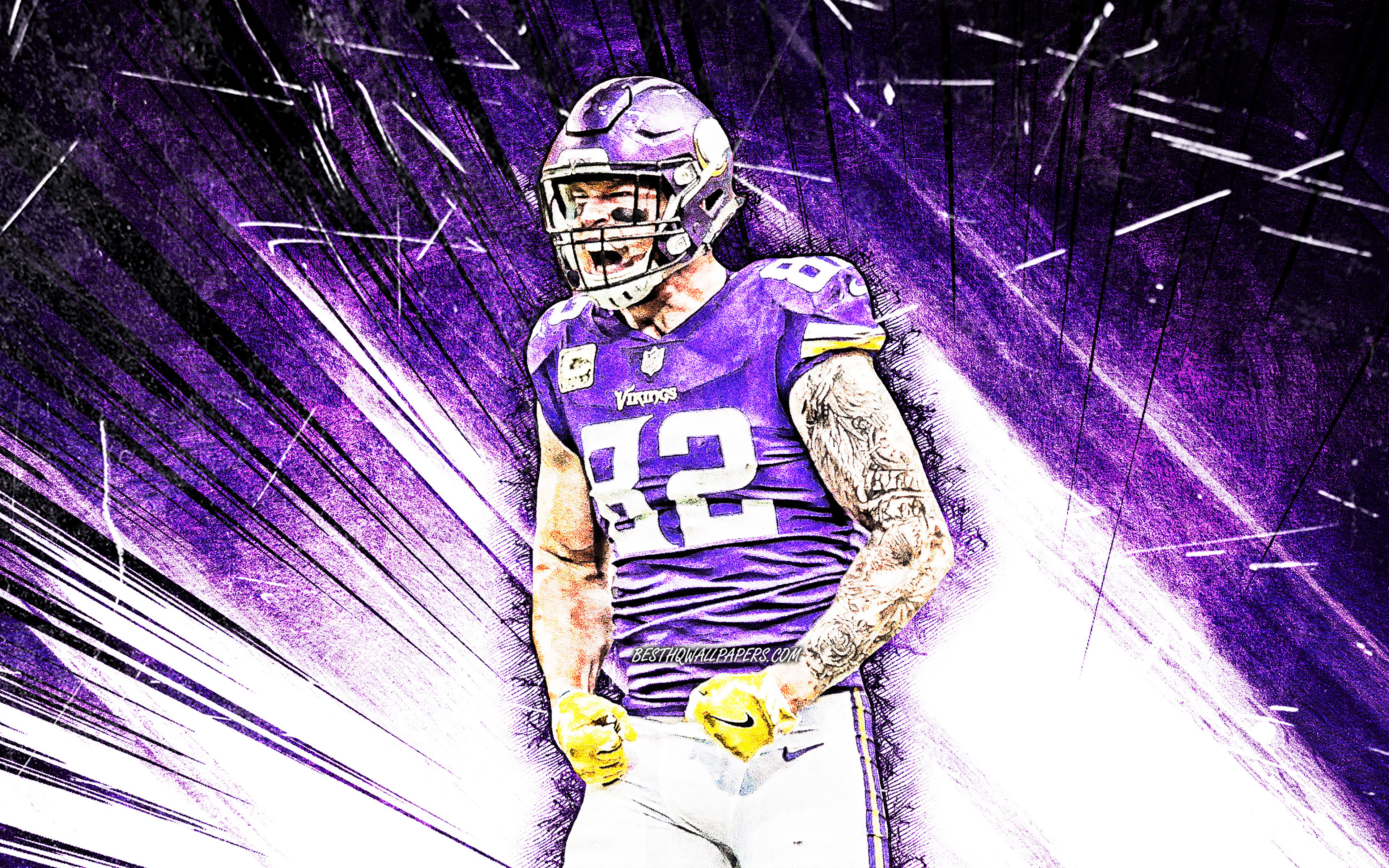Download wallpaper 4k, Kyle Rudolph, grunge art, Minnesota Vikings, american football, NFL, linebacker, Kyle Daniel Rudolph, National Football League, violet abstract rays, Kyle Rudolph Minnesota Vikings, Kyle Rudolph 4K for desktop with