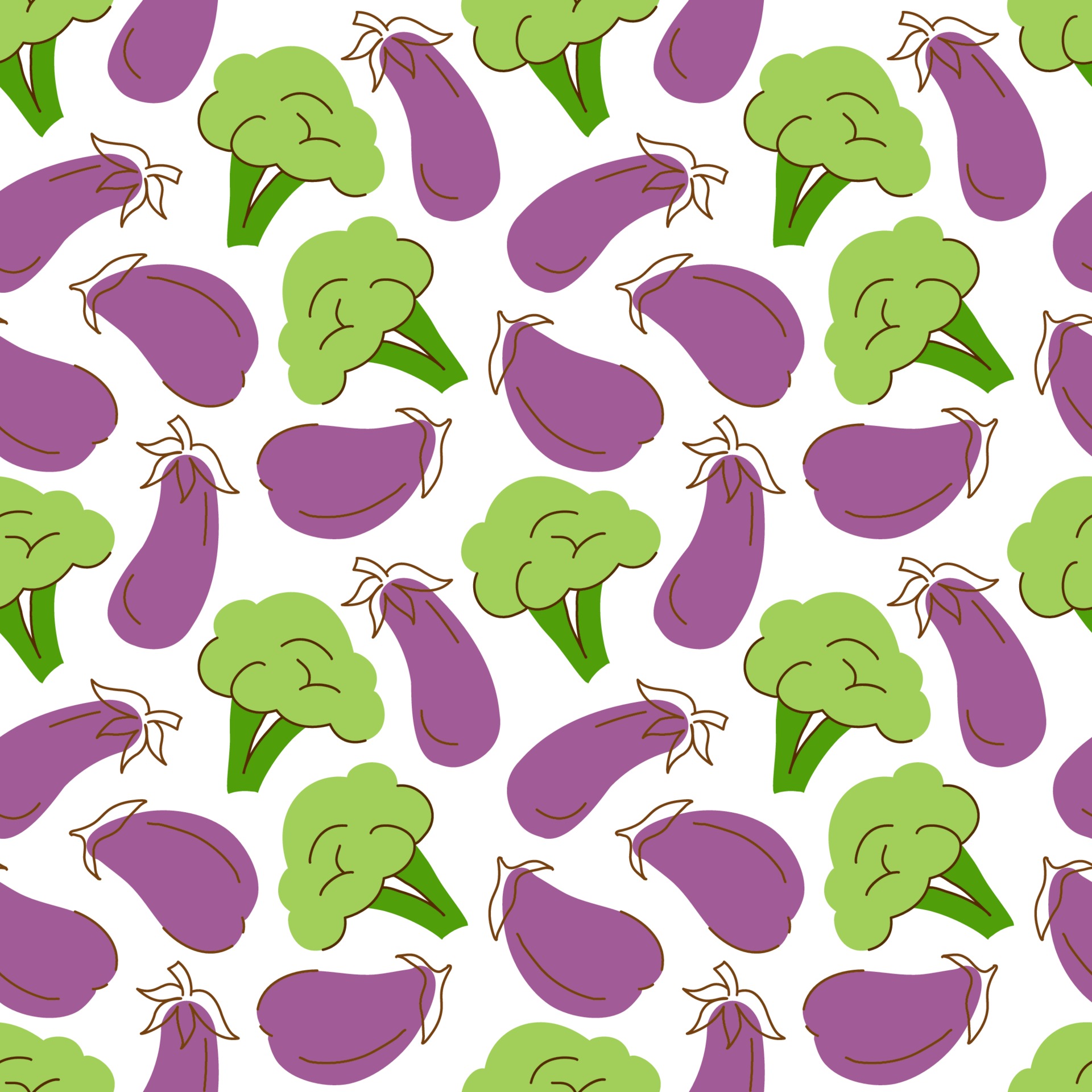 vegetable pattern with composition eggplant, broccoli element. Perfect for food background, wallpaper, textile. Vector illustration