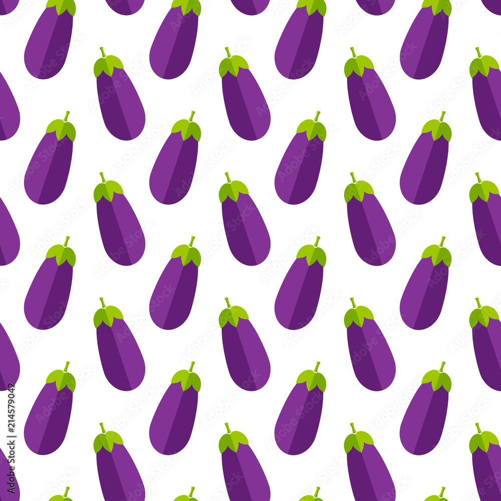 Fresh vegetable seamless pattern. Trendy background ornament with eggplant or aubergine vegetables in bright purple and violet colors. Creative vector illustration for diet decor or vintage wallpaper Stock Vector