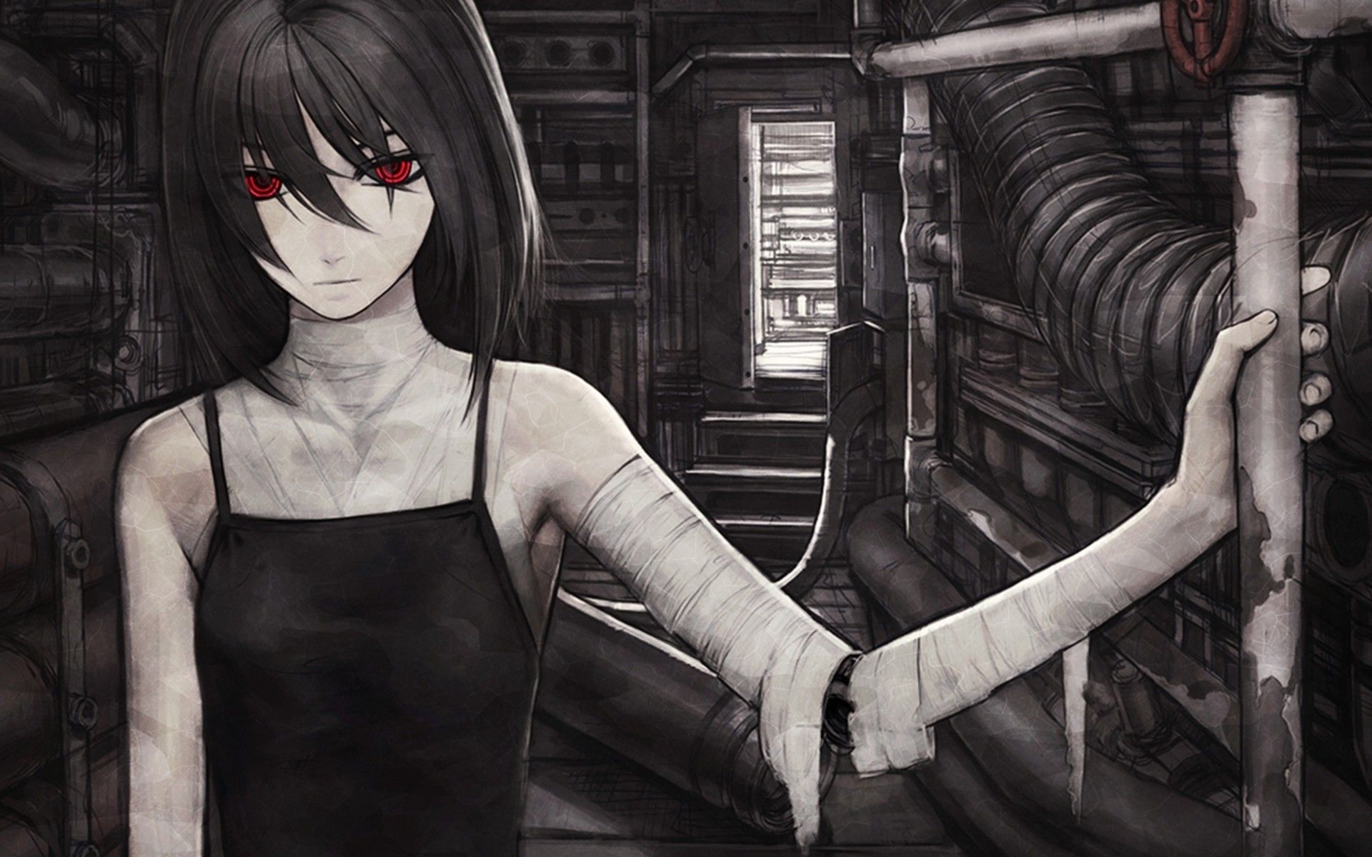 horror, dark, cyborgs, red eyes, artwork, anime girls, Iwai Ryo