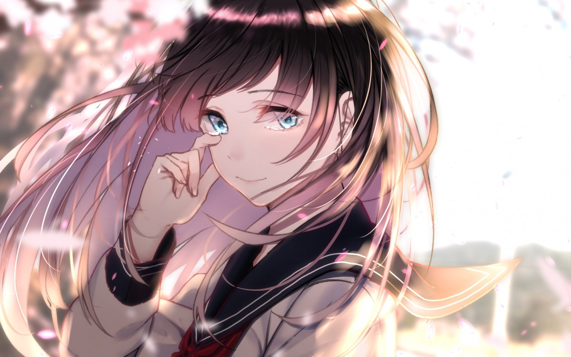 Download 1920x1200 Anime Girl, Crying, School Uniform, Tears, Brown Hair, Sakura Blossom Wallpaper for MacBook Pro 17 inch