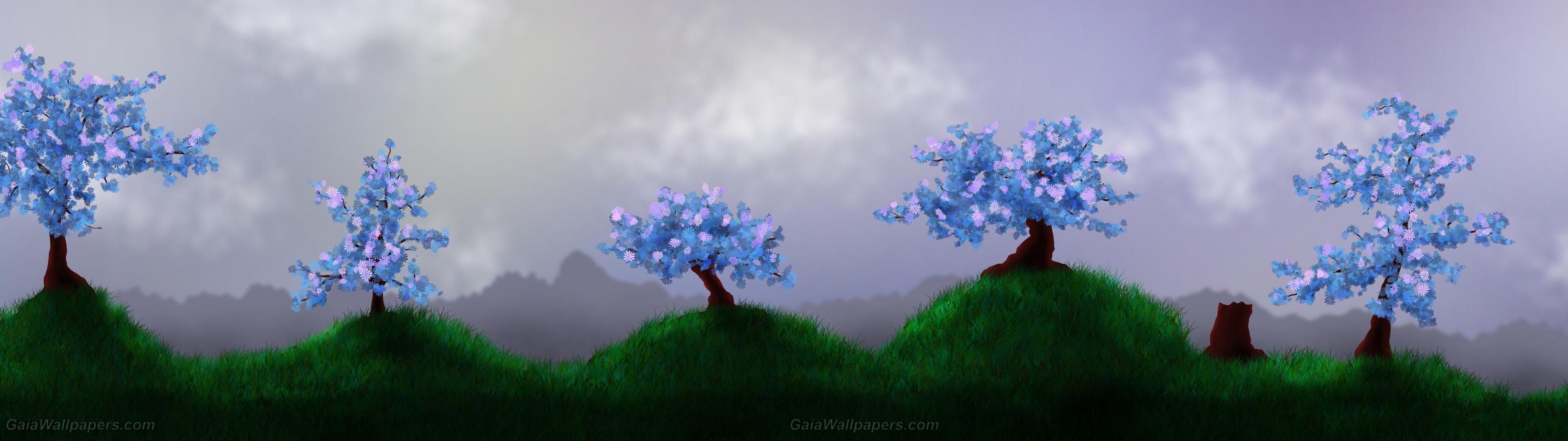 Trees in bloom in a world of serenity wallpaper 3840x1080 Desktop Wallpaper