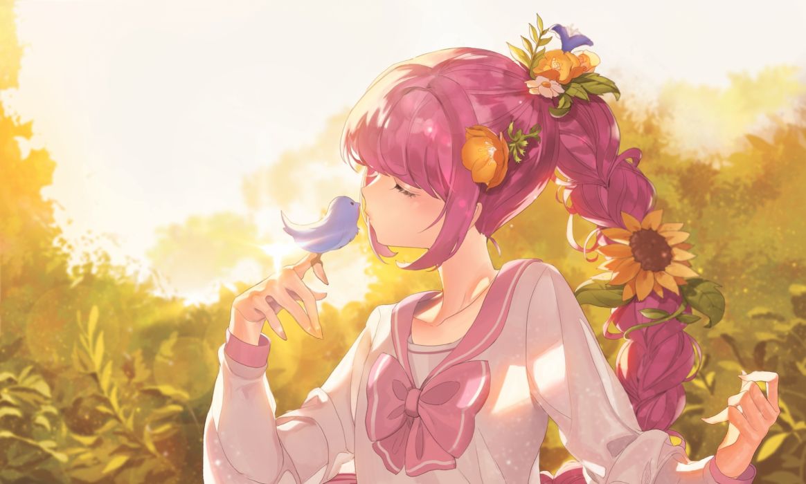 Anime Girl Pink Hair Braid Bird Flowers Sunlight Closed Eyes wallpaperx1480