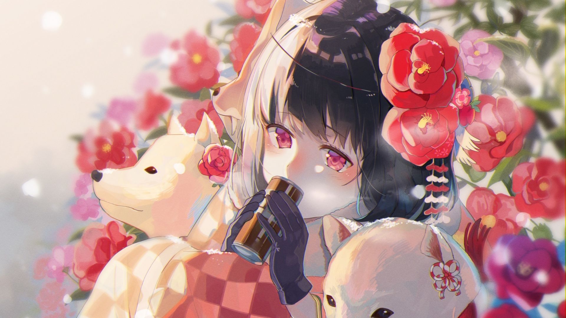 Desktop Wallpaper Dogs And Flowers, Anime Girl, Cute, Original, HD Image, Picture, Background, 35970c