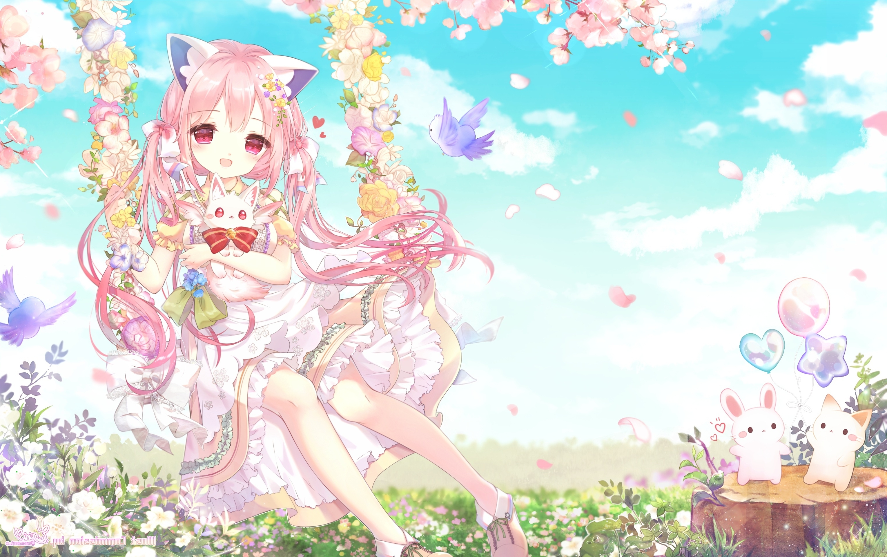 Wallpaper Pink Hair, Bird, Cherry Blossom, Anime Girl, Animal Ears, Smiling, Flowers, Swing:3059x1920