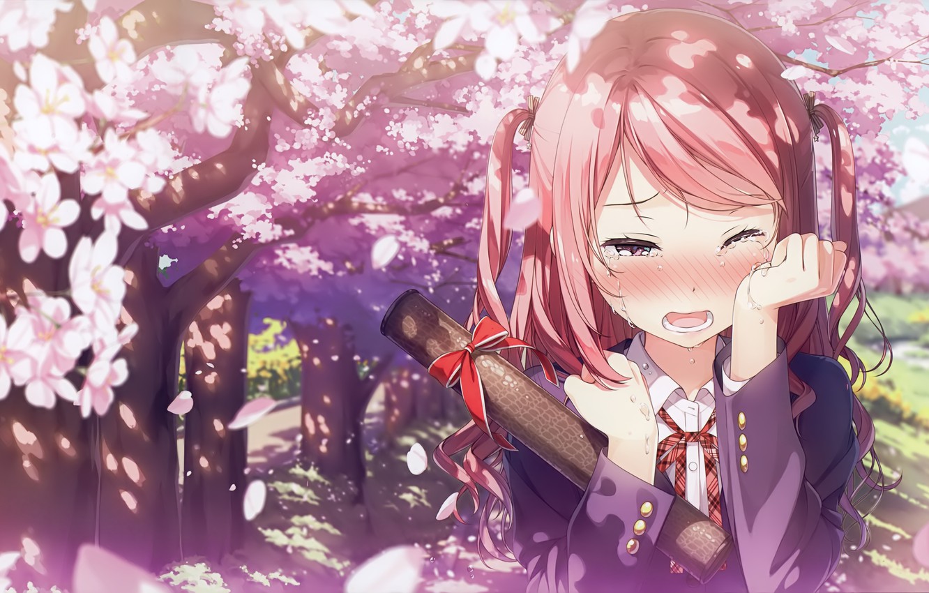 Wallpaper spring, petals, blush, schoolgirl, pink hair, two tails, diploma, the cherry blossoms, tears of happiness, by Kantoku image for desktop, section сёдзё