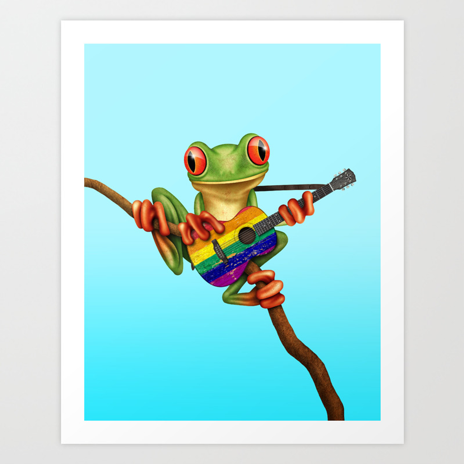Tree Frog Playing Acoustic Guitar with Gay Pride Rainbow Flag Art Print