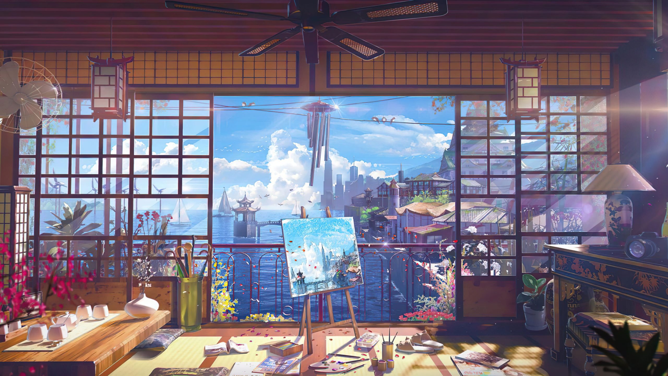 Wallpaper Ocean View, Room, Digital Art, Anime, Painting • Wallpaper For You