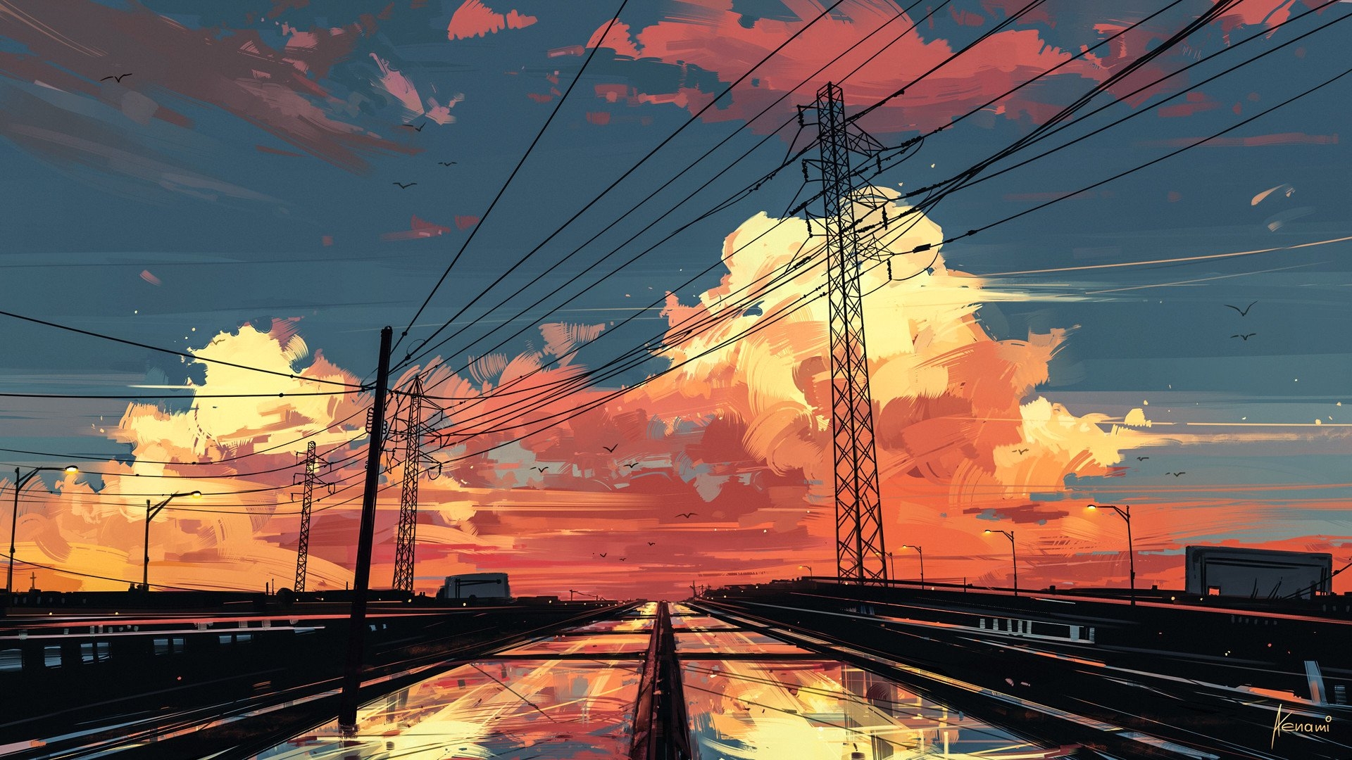 Download 1920x1080 Anime Landscape, Sunset, Sky, Painting, Scenic Wallpaper for Widescreen