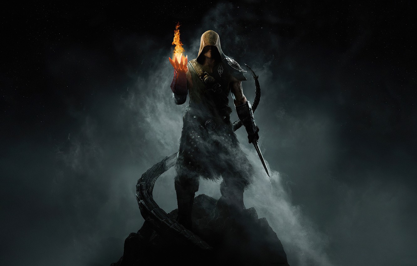 Wallpaper fire, magic, the game, top, haze, game, character, gesture, character, Skyrim, Skyrim, a solitary figure, The Elder of Scrolls V image for desktop, section игры
