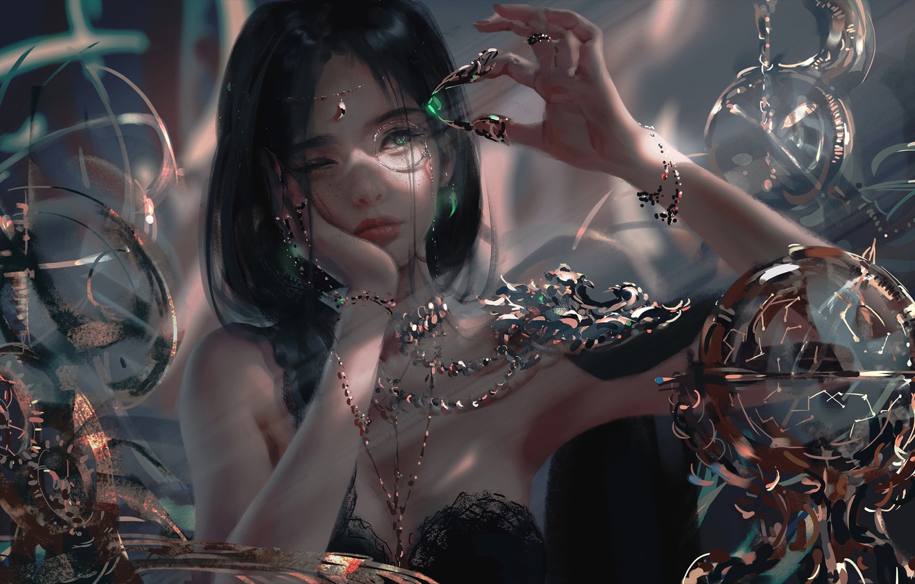 Download wallpaper girl, fantasy, green eyes, brunette, digital art, artwork, princess, fantasy art, jewelry, fantasy girl, bare shoulders, Ghost blade, Wlop, emeralds, monocle, section fantasy in resolution 1024x1024