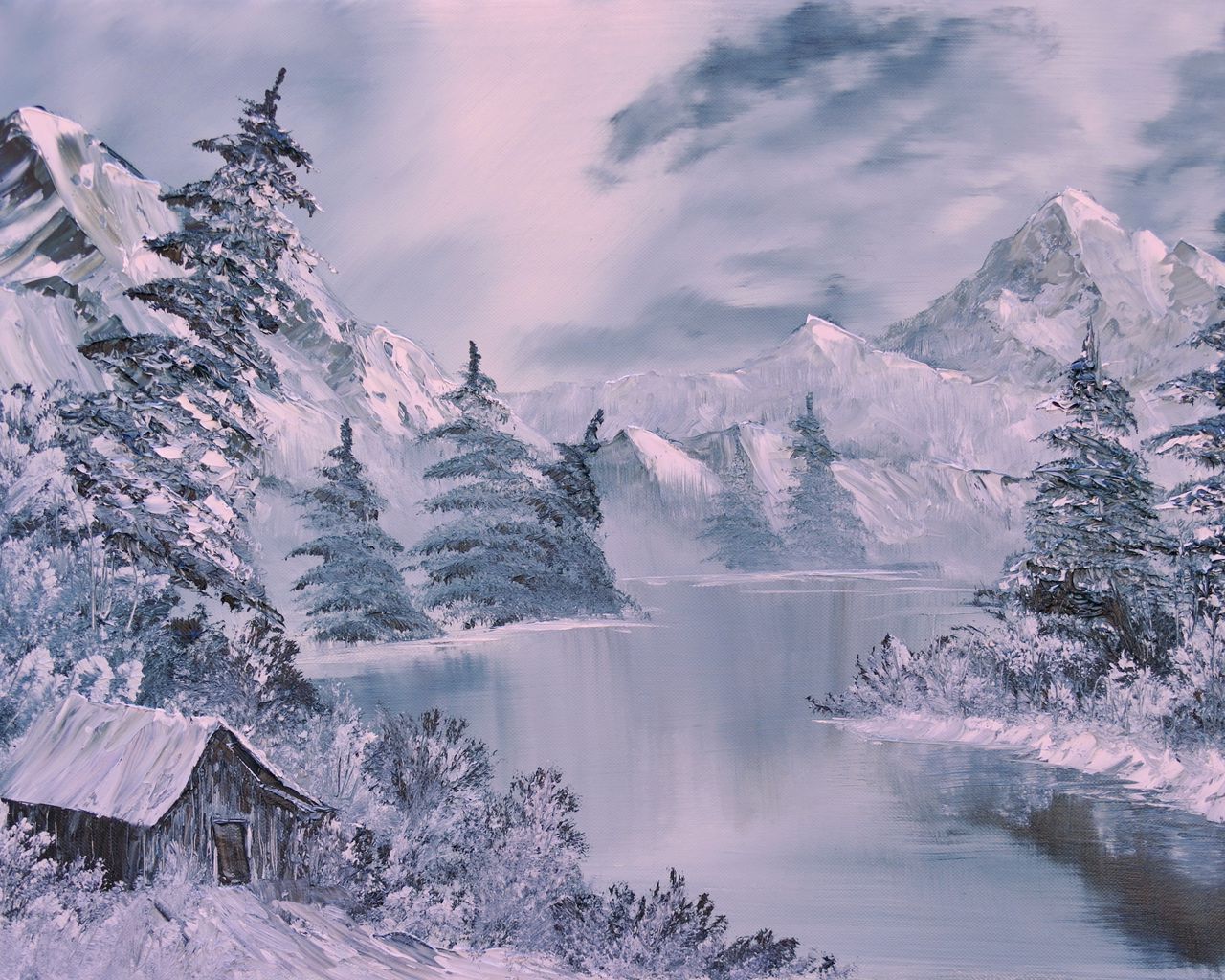 Download Wallpaper 1280x1024 Winter, Art, Painting, River, Fir Trees, Lodge, White Standard 5:4 HD Background