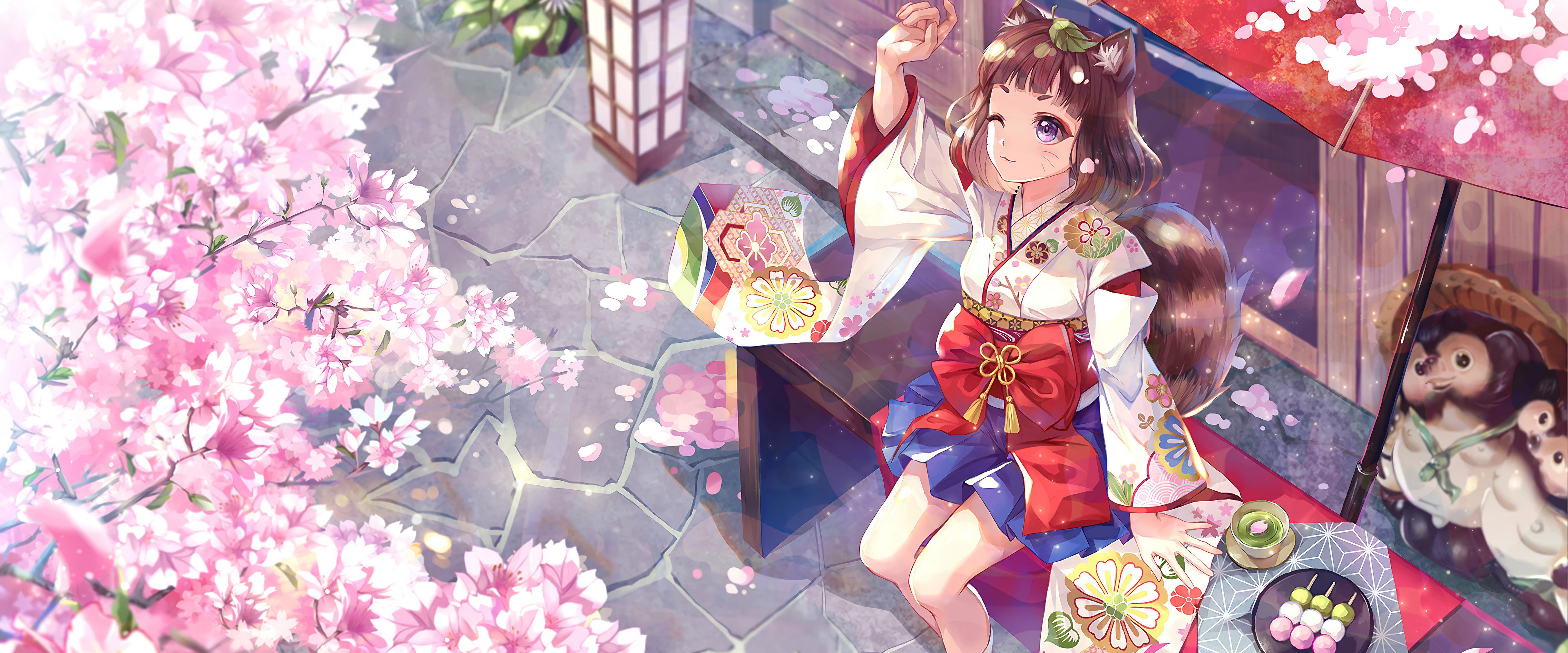 Anime Girl Kimono Cherry Blossom 4K Wallpaper