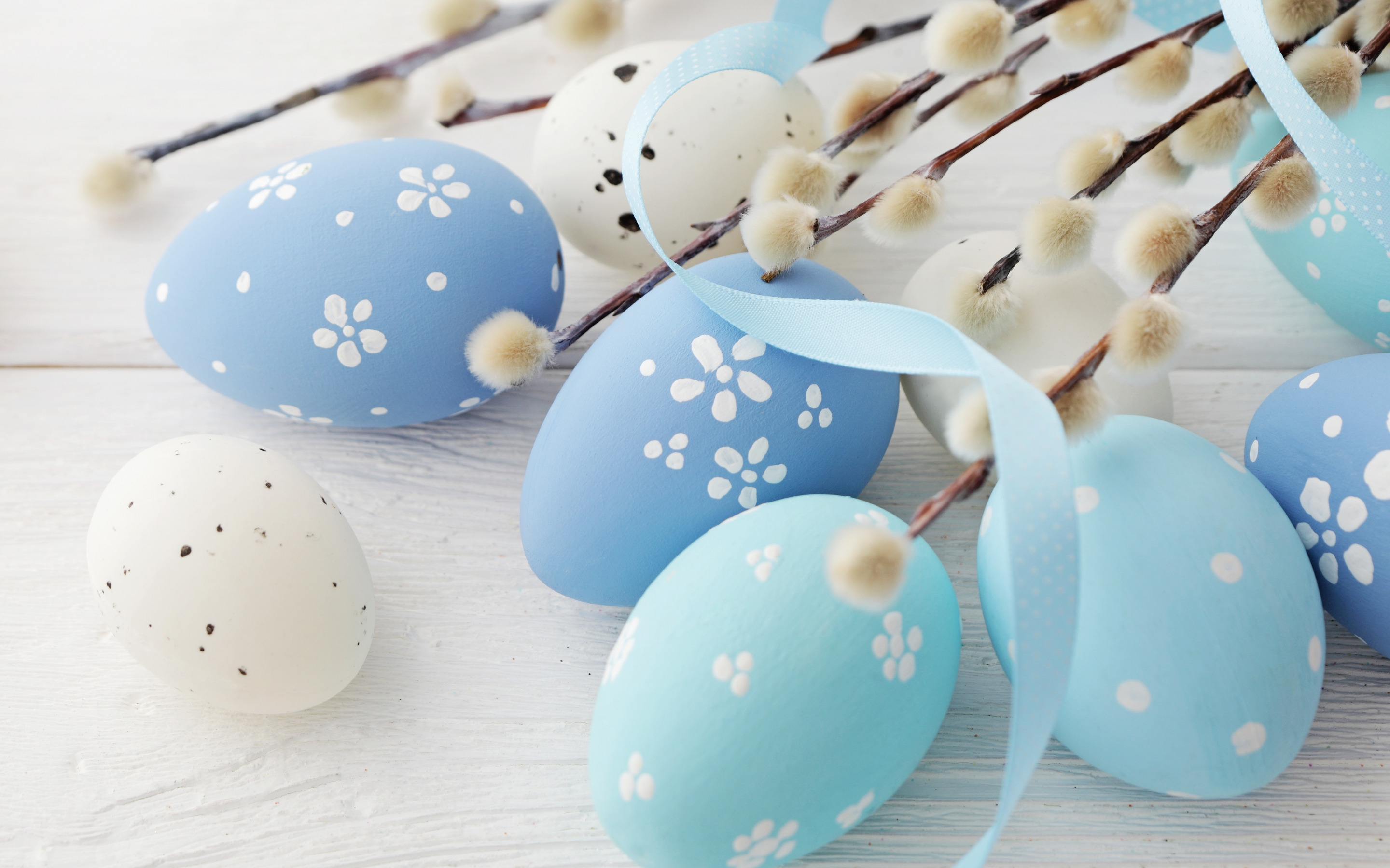 Download wallpaper Blue Easter eggs, white wooden background, painted eggs, Easter concepts, spring, willow branches for desktop with resolution 2880x1800. High Quality HD picture wallpaper