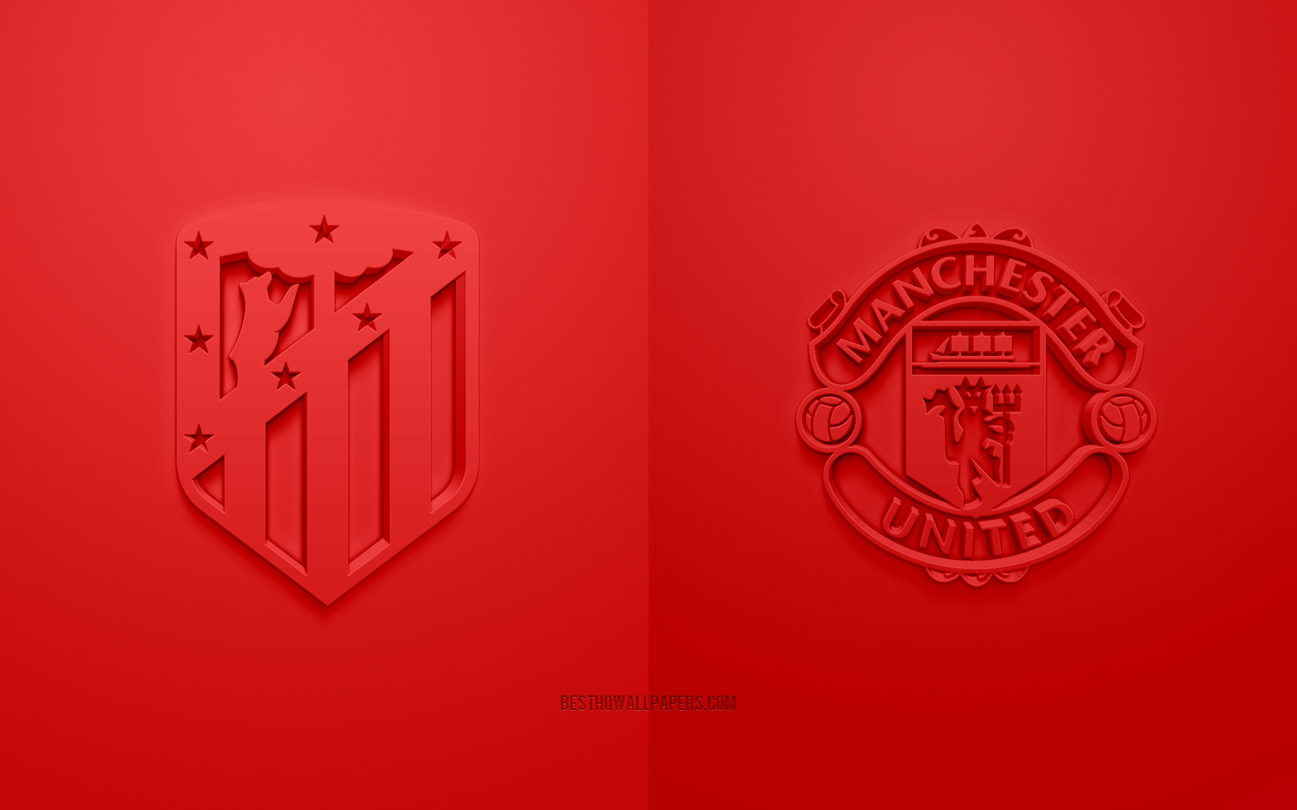 Download Wallpaper Atletico Madrid Vs Manchester United, 2022, UEFA Champions League, Eighth Finals, 3D Logos, Red Background, Champions League, Football Match, 2022 Champions League, Manchester United FC, Atletico Madrid For Desktop With Resolution