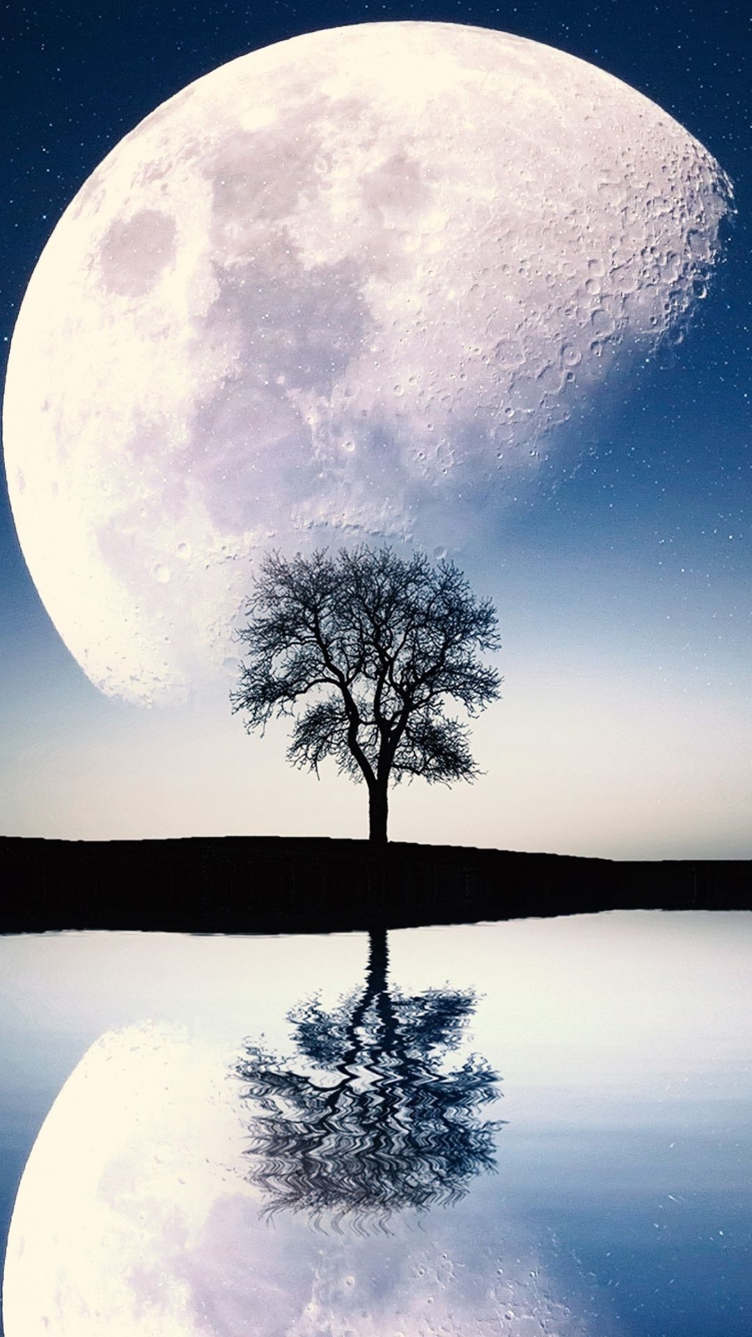 Moon, tree, lake, reflections, silhouette, art, 1080x1920 wallpaper. Beautiful nature wallpaper, Dark wallpaper, Beautiful nature