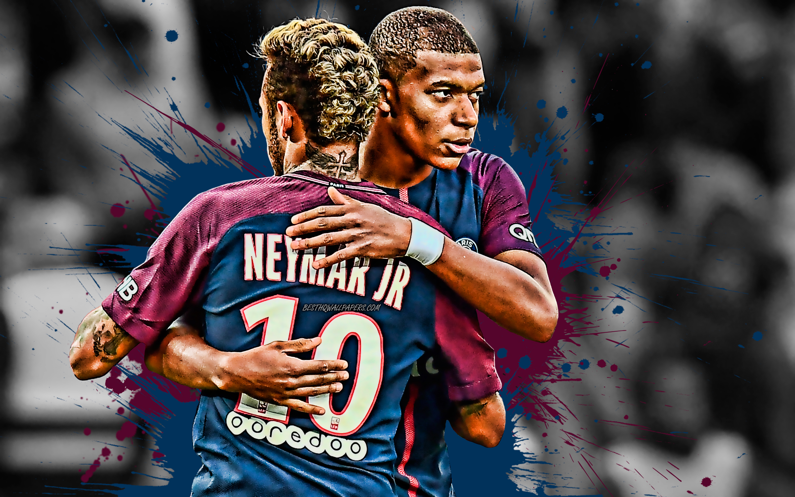Download Wallpaper Neymar, Kylian Mbappe, PSG, Famous Football Players, Paris Saint Germain, Ligue 1, France, Football, Creative Art For Desktop With Resolution 2560x1600. High Quality HD Picture Wallpaper