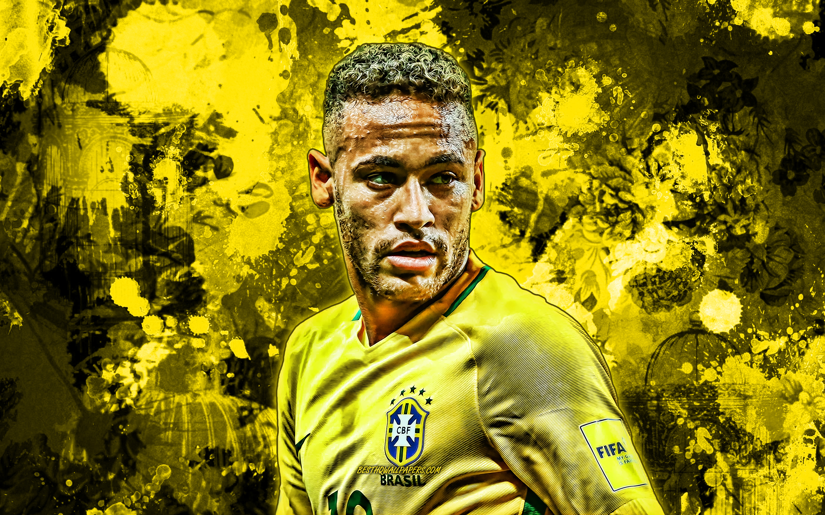 Download wallpaper Neymar JR, yellow paint splashes, Brazil national football team, football stars, grunge art, Neymar da Silva Santos Junior, soccer, Neymar, Brazilian National Team, creative for desktop with resolution 2880x1800. High