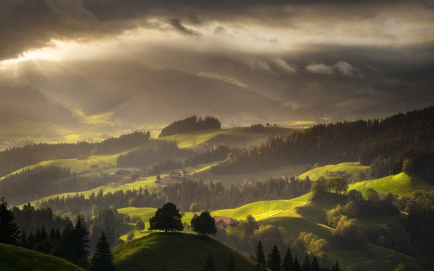 Switzerland, Landscape, Forest, Mist, Nature, Mountain, Villages, Sun Rays, Clouds, Spring, Green Wallpaper HD / Desktop and Mobile Background