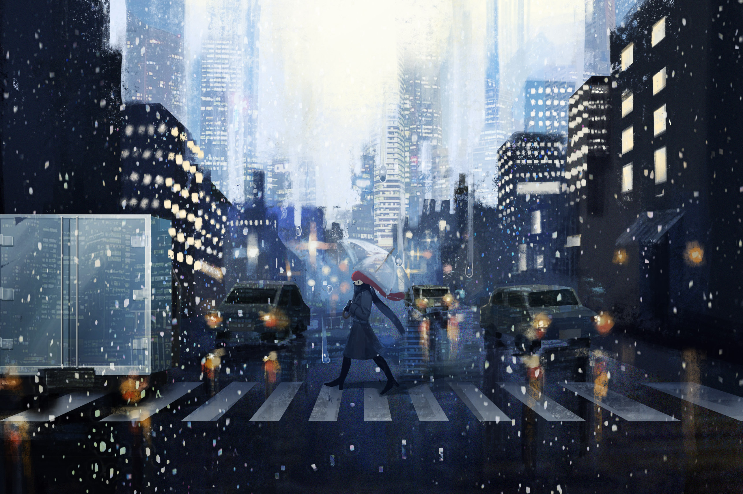 Anime Girl Crossing the Road in the Rain