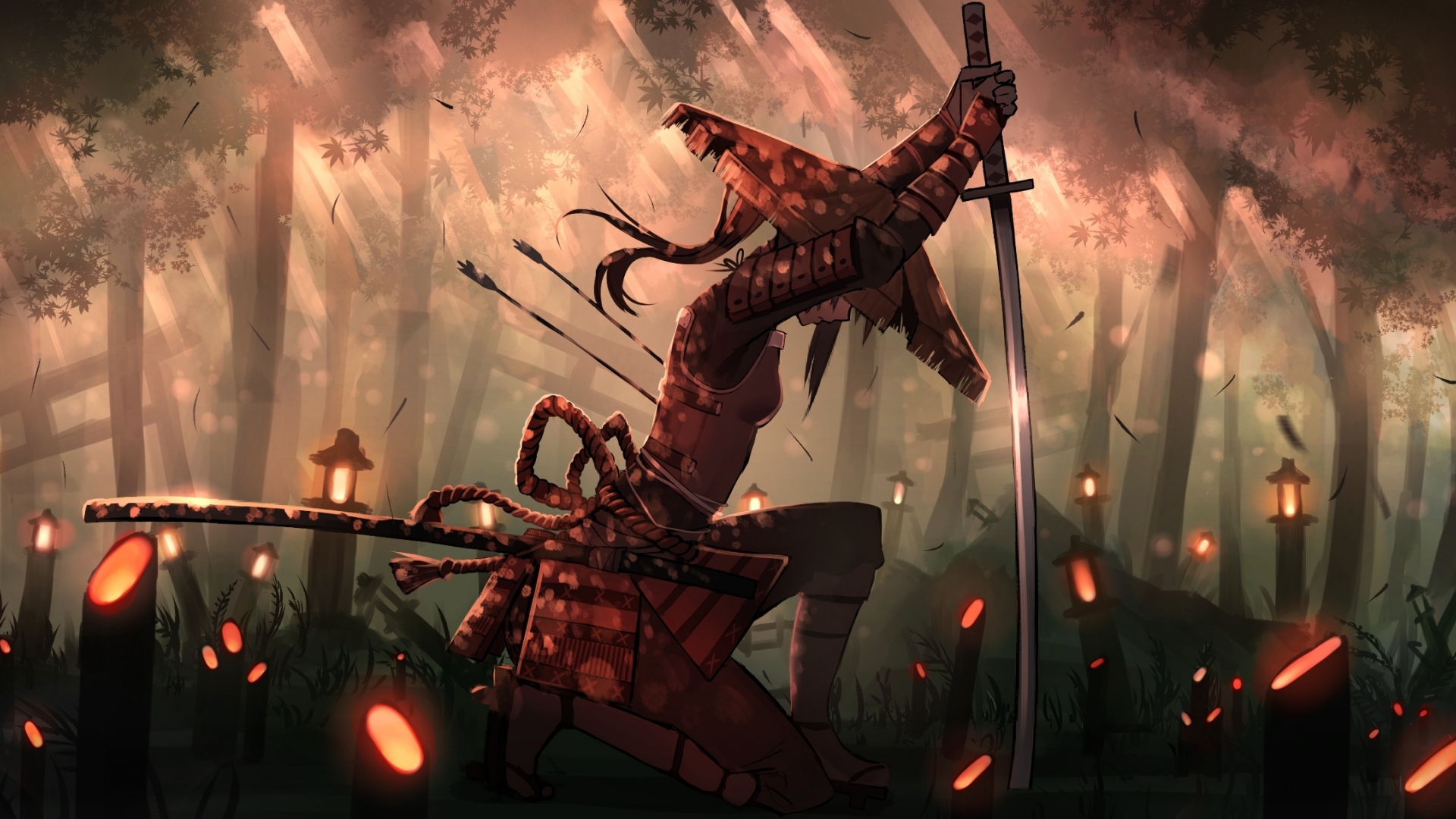 Wallpaper Gloves, Anime Samurai Girl, Forest, Armor, Ponytail, Torii, Katana, Warrior, Bamboo:2352x1218