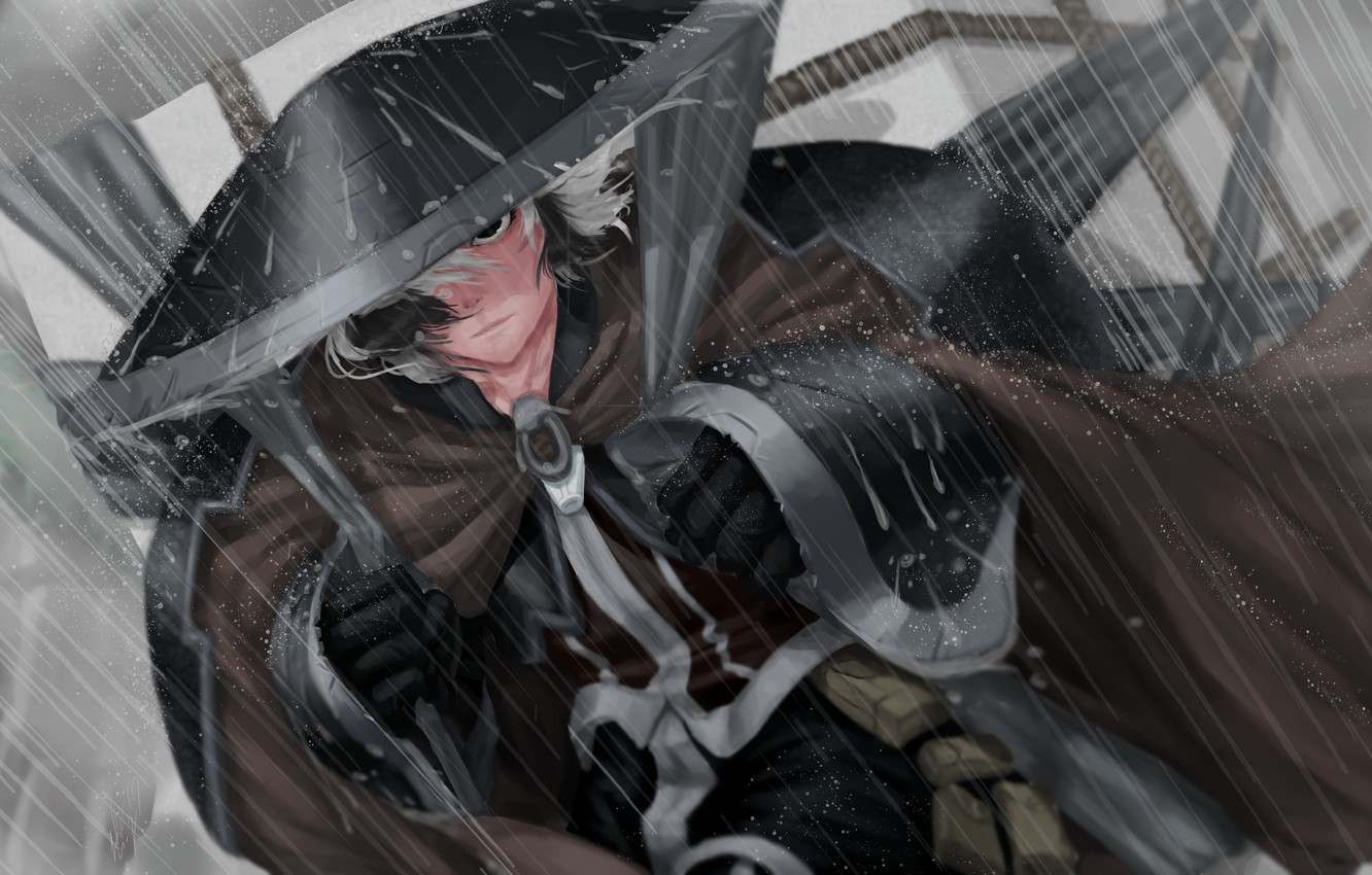 Wallpaper character, rain, hat, anime, digital art, artwork, Samurai, manga, cape, anime girl image for desktop, section арт
