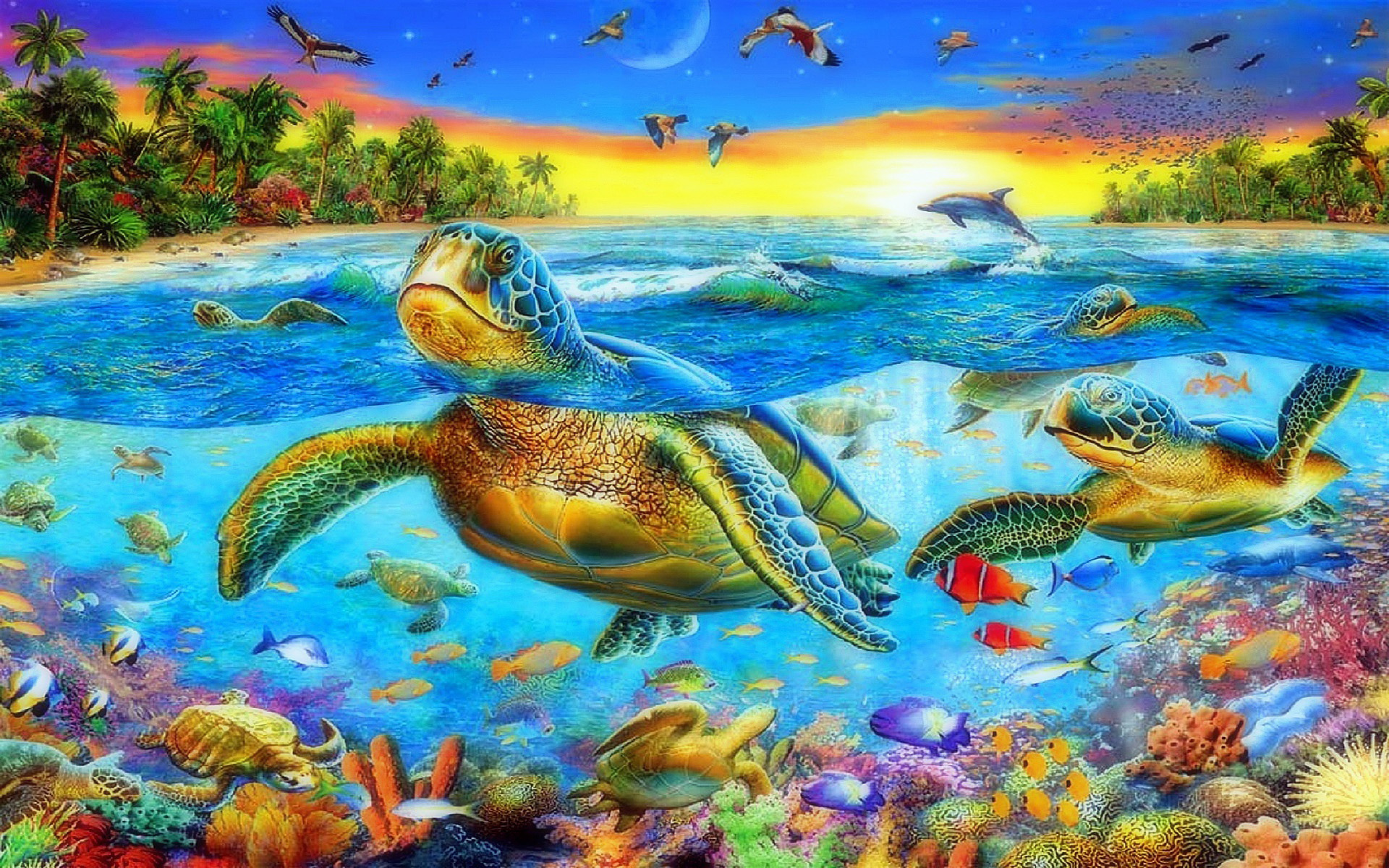 Sea Ocean Sea Turtles Swimming Corals Exotic Colorful Fish Underwater World Tropical Landscape Art HD Wallpaper For Mobile Phones Tablet And Lapx1200, Wallpaper13.com