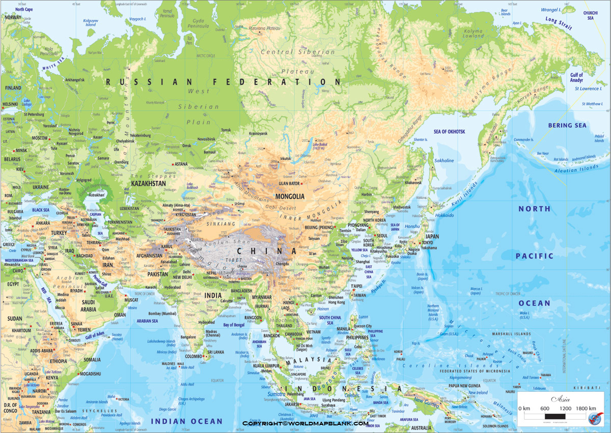 Printable Asia Physical Map. Map of Asia Physical