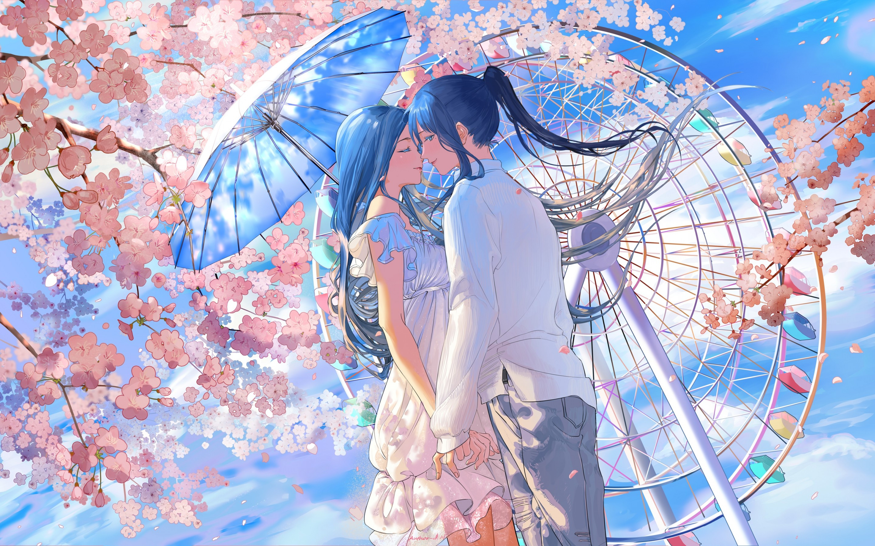 Download 2880x1800 Anime Couple, Romance, Cute, Ferris Wheel, Blue Umbrella, Spring, White Dress Wallpaper for MacBook Pro 15 inch