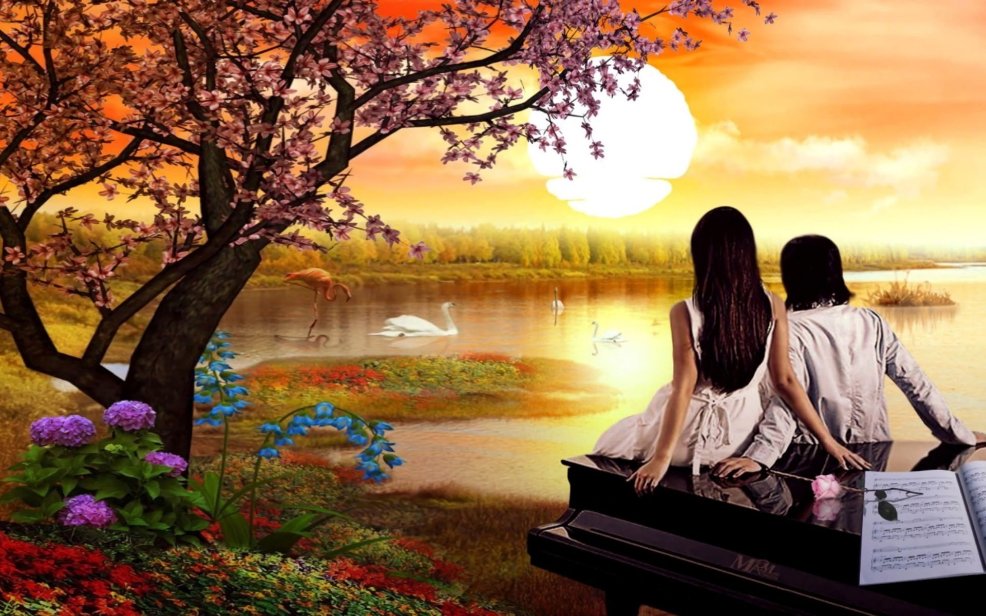 Romantic Love Love Couple Nature Swan Lake Sunset Spring Flowers Bloomed Tree Love Couple Wallpaper HD 2560x1600, Wallpaper13.com