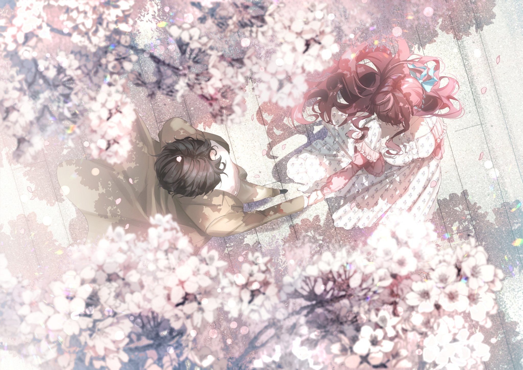 Wallpaper Anime Couple, Romance, Top View, Dress, Spring, Holding Hands, Sakura Blossom:2047x1447
