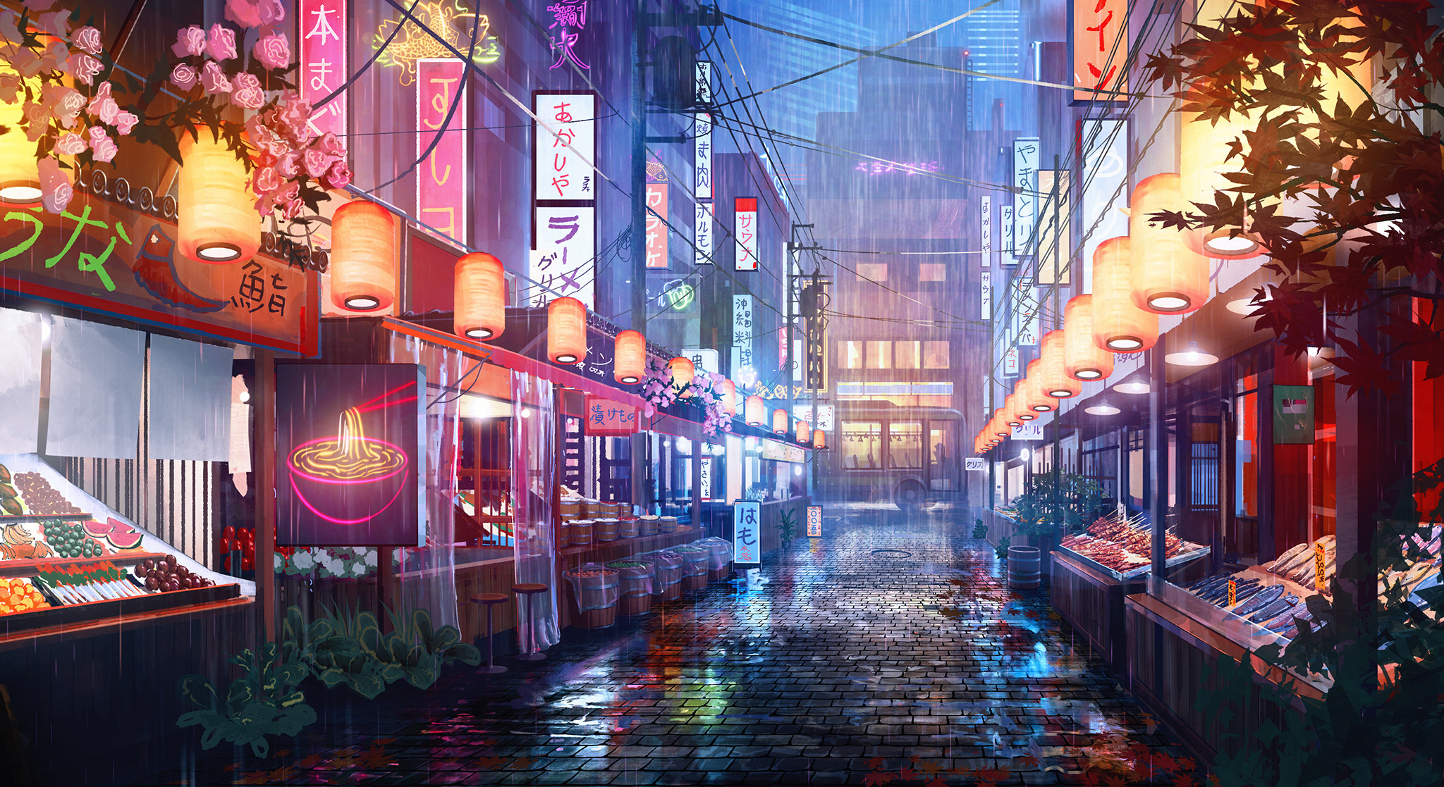 Digital Art Japanese Art Night Street Rain Market Surendra Rajawat Wallpaper:2048x1117