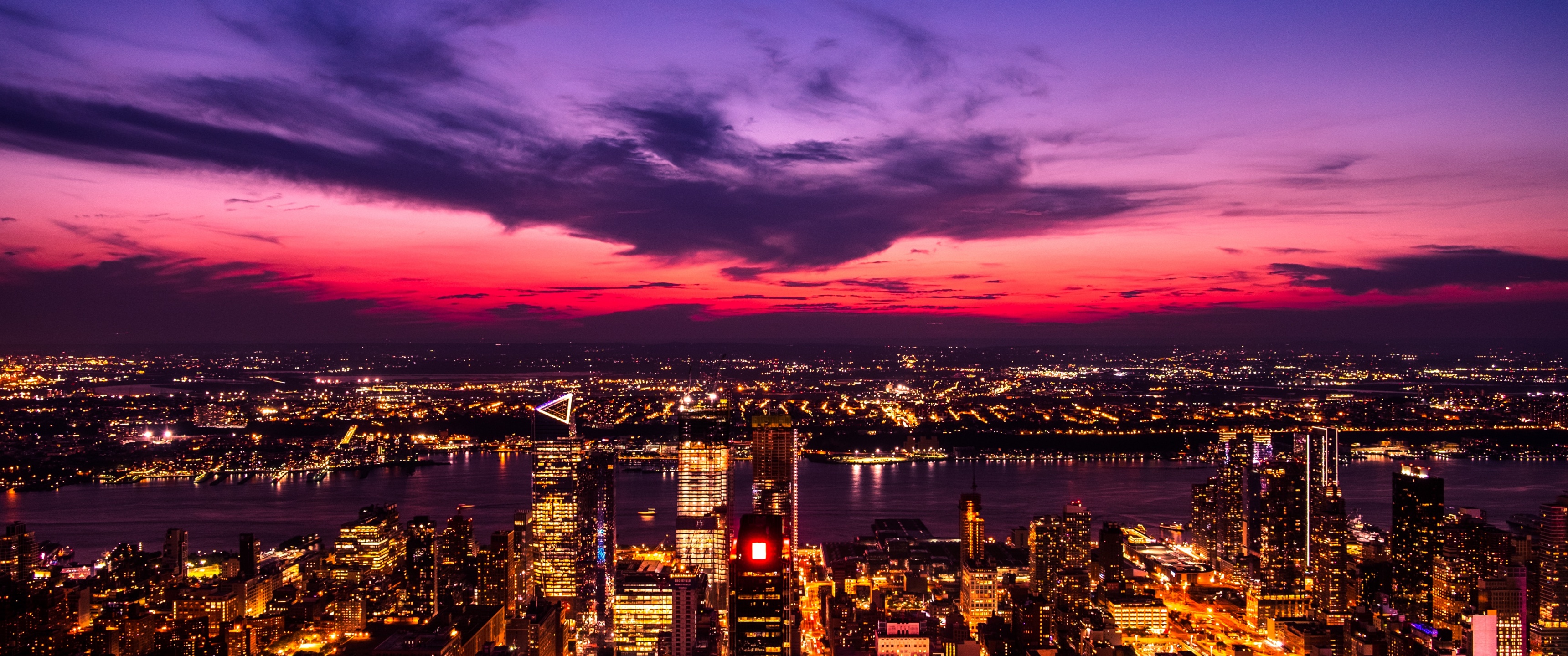New York City Wallpaper 4K, Twilight, Sunset, Cityscape, City lights, 5K, World