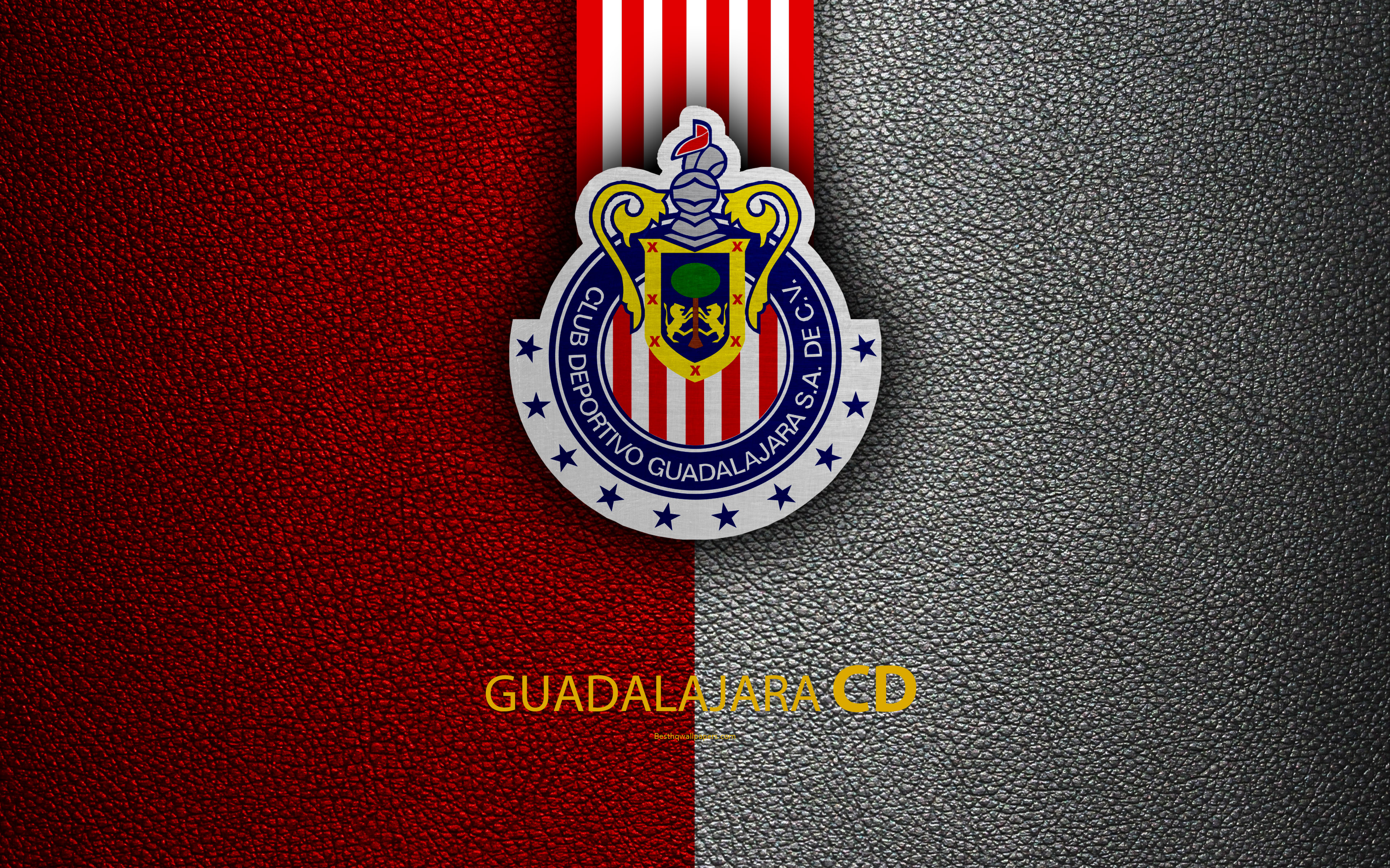 Download wallpaper CD Guadalajara, Chivas, 4k, leather texture, logo, Mexican football club, red white lines, Liga MX, Primera Division, Guadalajara, Mexico, football for desktop with resolution 3840x2400. High Quality HD picture wallpaper