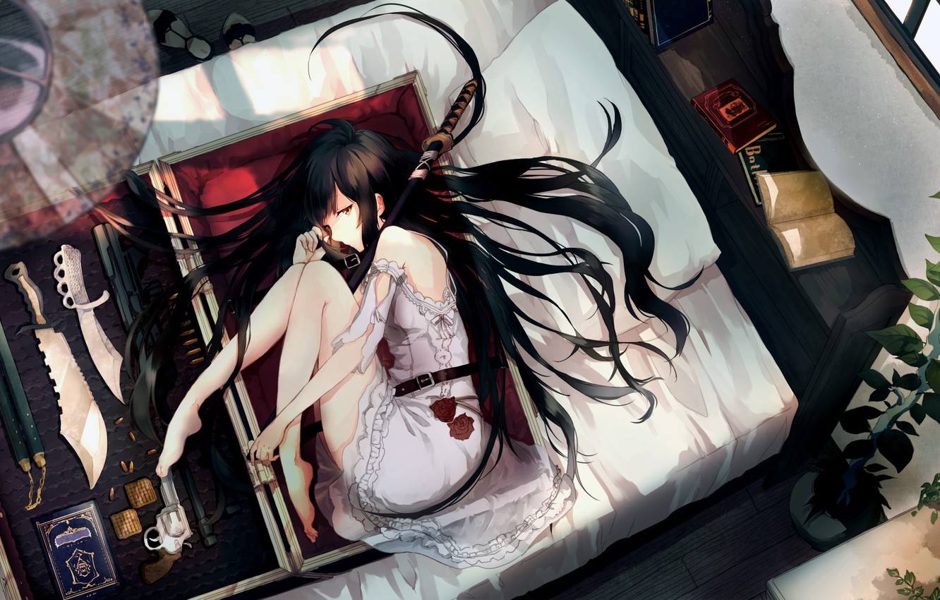 Wallpaper Girl, sword, gun, long hair, legs, anime, katana, brunette, book, weapons, bed, roses, artwork, knife, plants, in bed image for desktop, section прочее