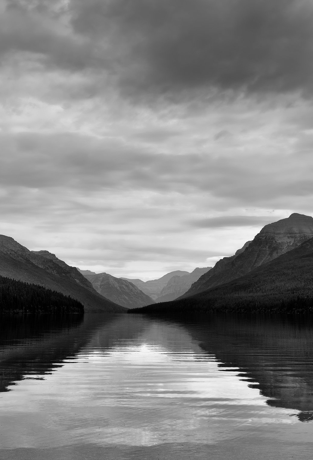 Bowman Lake and a Mountain View (Black & White) Wallpaper for iPhone Pro Max, X, 6