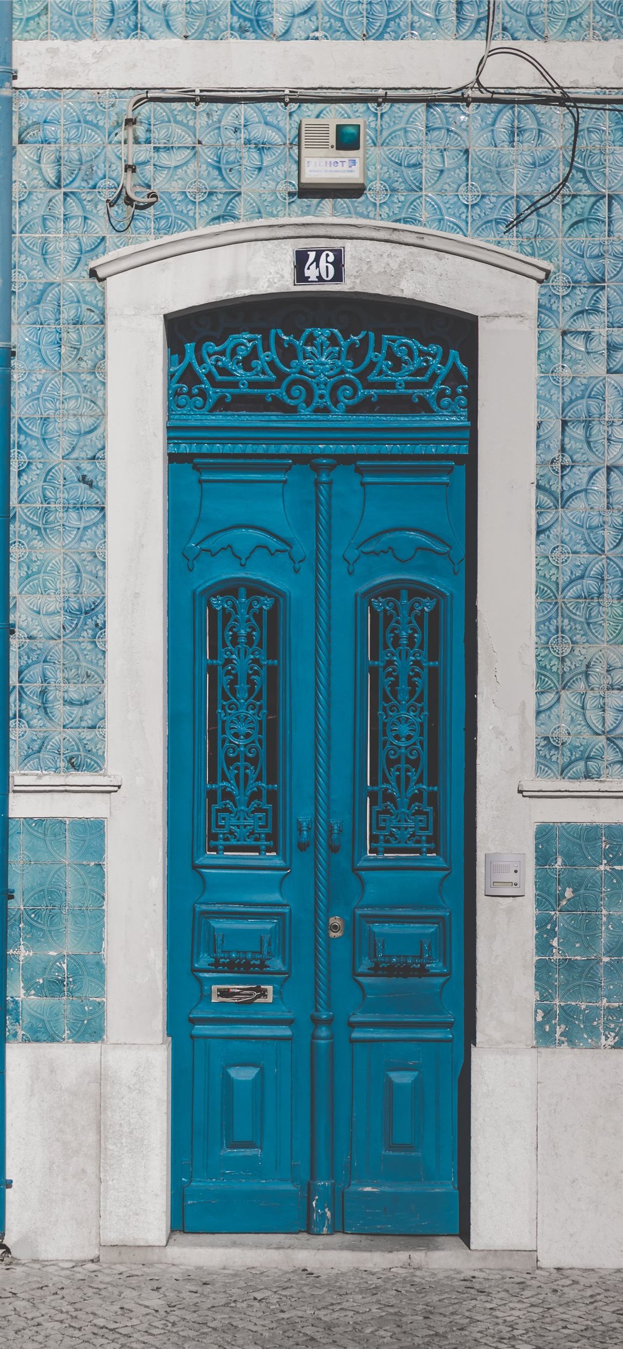 blue wooden door closed with 46 sign iPhone X Wallpaper Free Download