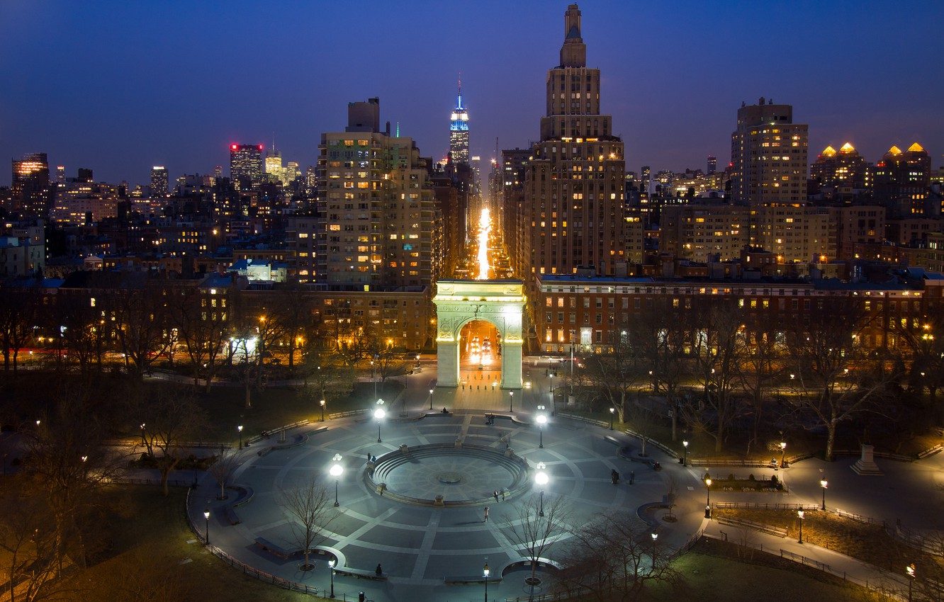 Wallpaper night, lights, Park, home, New York, arch, USA, Washington Square Park, Manhattan, Greenwich Village image for desktop, section город