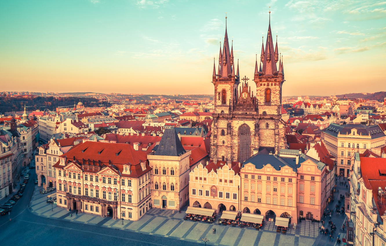 Wallpaper home, Prague, Czech Republic, area, tower, temple, Sunny, street, Old town square, Tyn Church image for desktop, section город