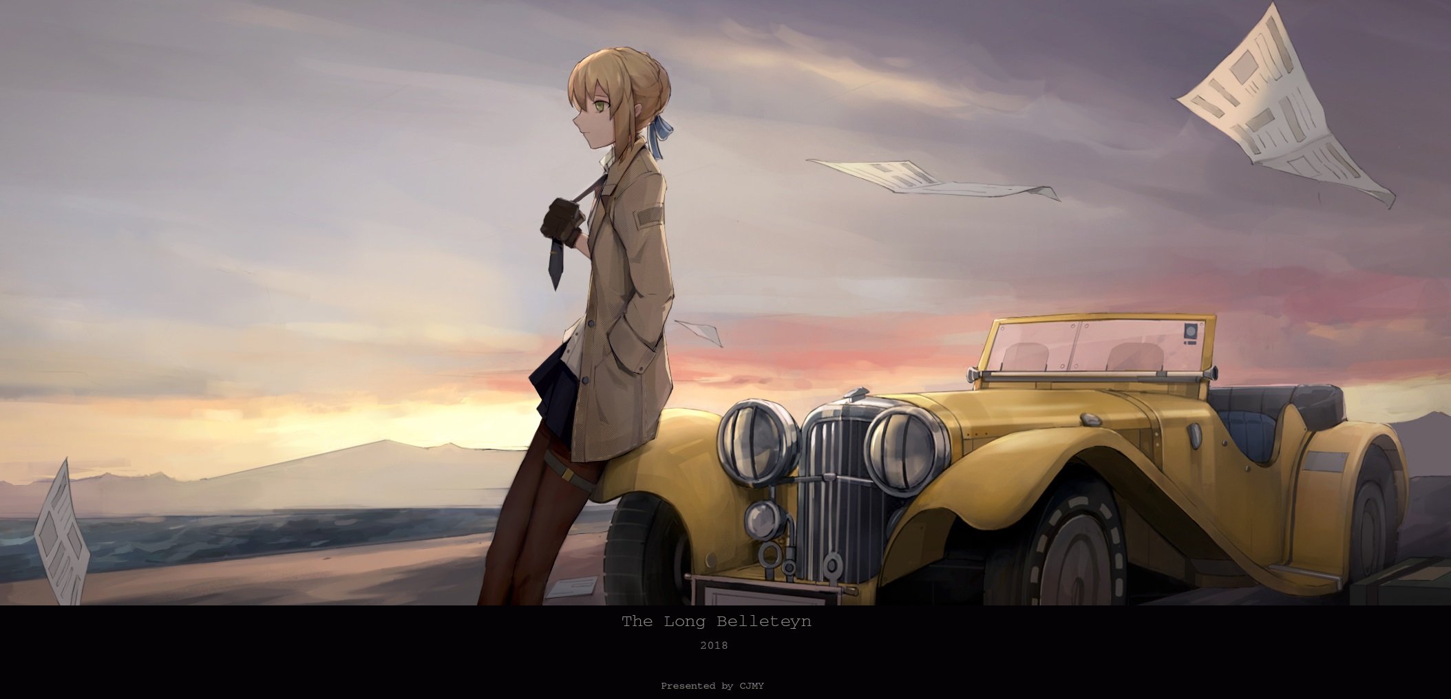 Anime Anime Girls Blonde Car 2018 Year Oldtimer Short Hair Vehicle Yellow Cars Wallpaper:2108x1016