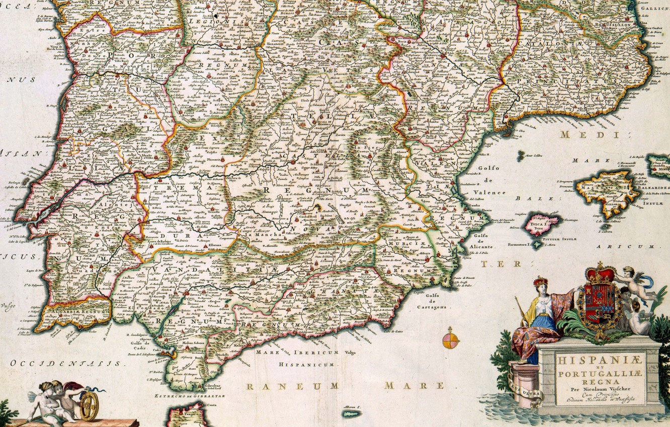 Wallpaper old maps, old maps, Spain and Portugal, Nicolas Visscher the younger, Nicolaes Visscher II, 1680, Spain and Portugal image for desktop, section текстуры